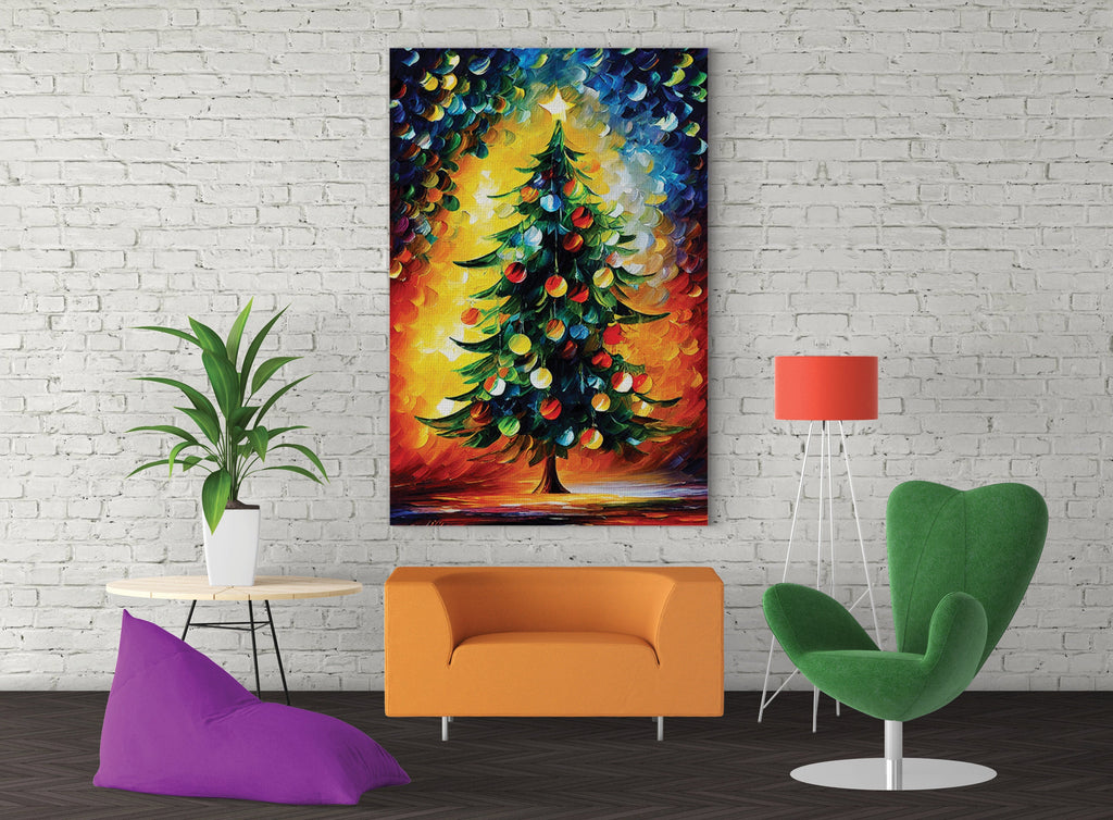 Christmas Tree Canvas Print – Festive Oil Painting With Wooden Frame Art