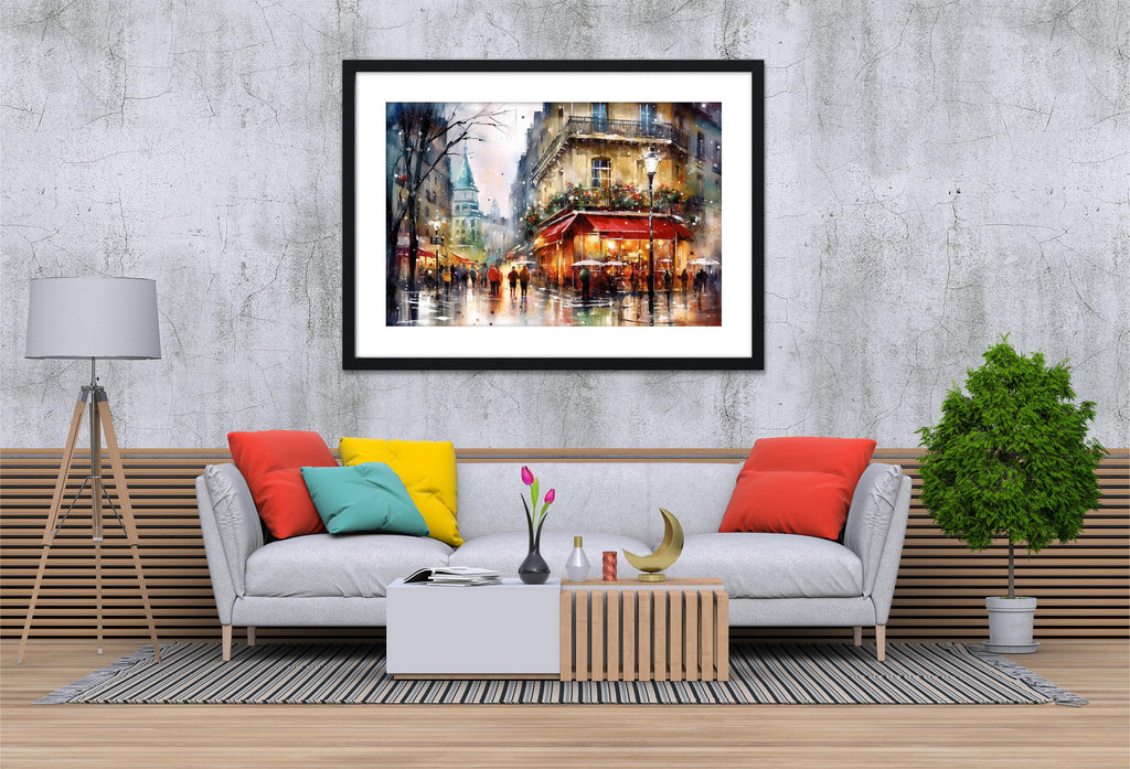 Christmas Watercolor Cityscape - Paris Holiday Wall Art, Print on Canvas, Artist Paper, Watercolor Paper, Available in Extra Large Sizes