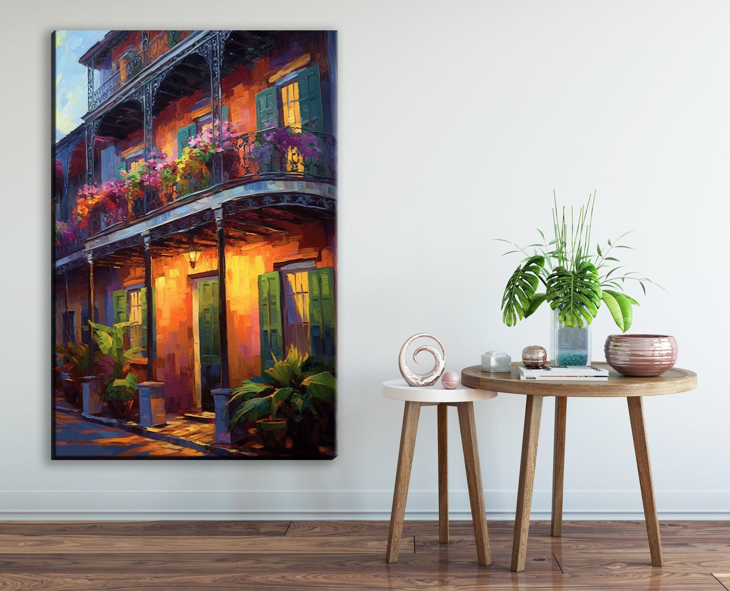 New Orleans Canvas Art – Large Framed French Quarter Painting With Wood Frame