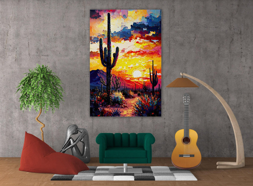 a modern living room with a large, colorful painting of a desert landscape hanging on the wall. The painting depicts a sunset over a desert scene, with cacti and other desert plants in the foreground. The room is furnished with a green sofa, a red bean bag chair, and a guitar, creating a cozy and inviting atmosphere.