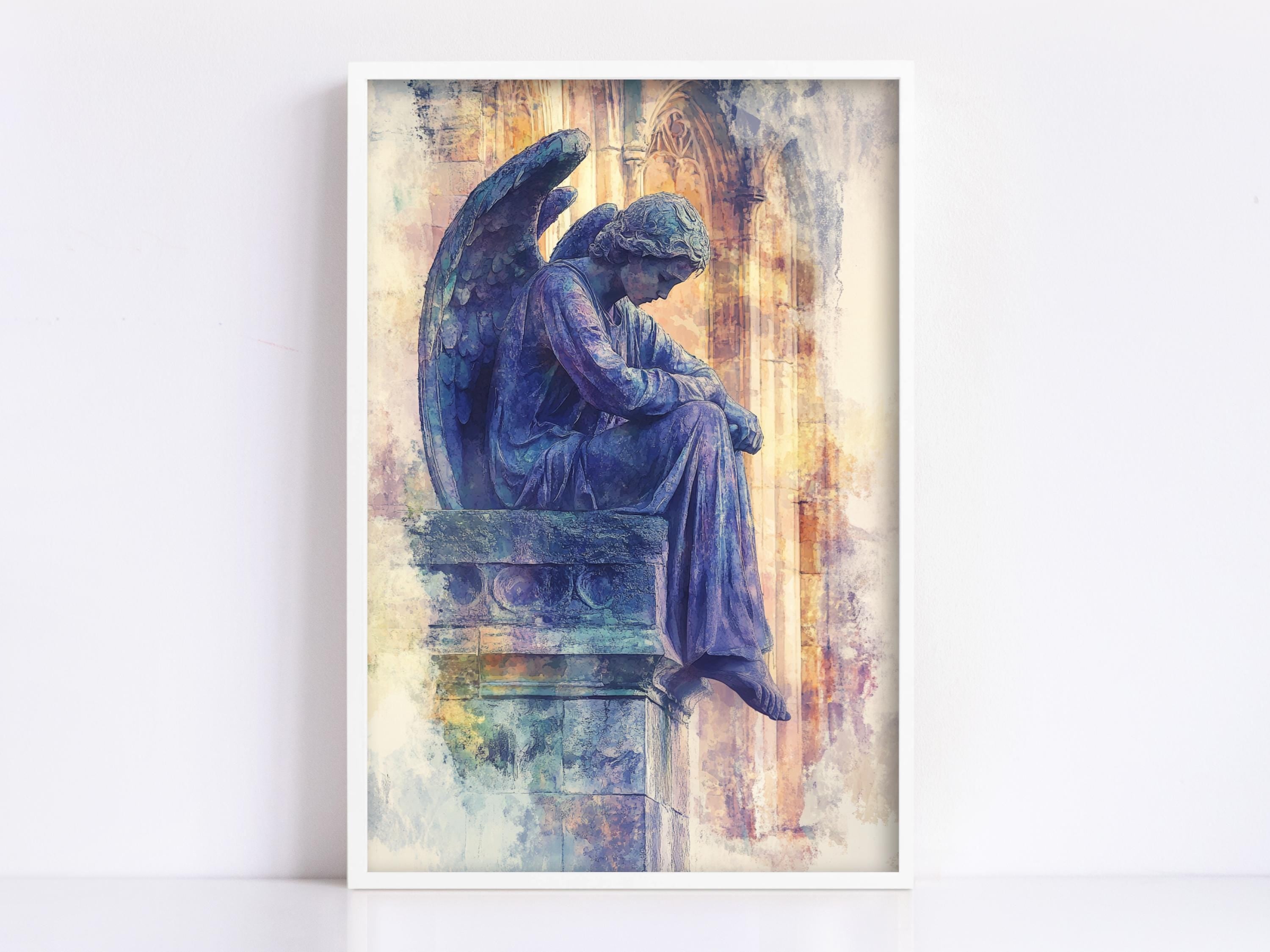 A framed painting depicting a statue of an angel sitting on a pedestal, with a pensive expression.