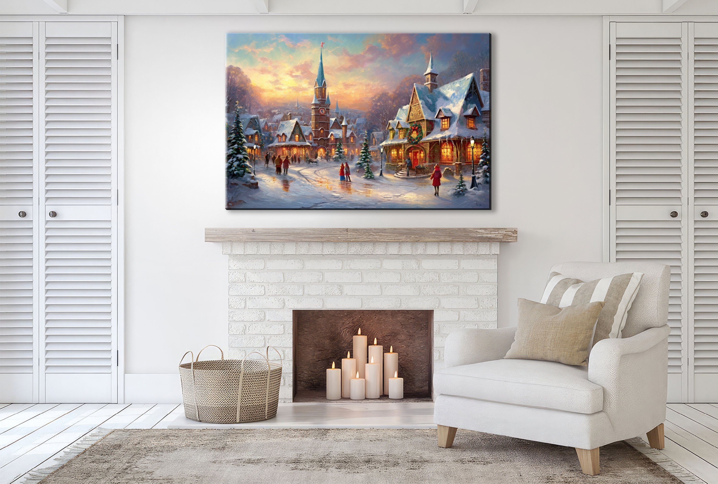 Victorian Christmas Wall Art - Vintage Christmas Village on Gallery Wrapped Canvas, Large Holiday Decor