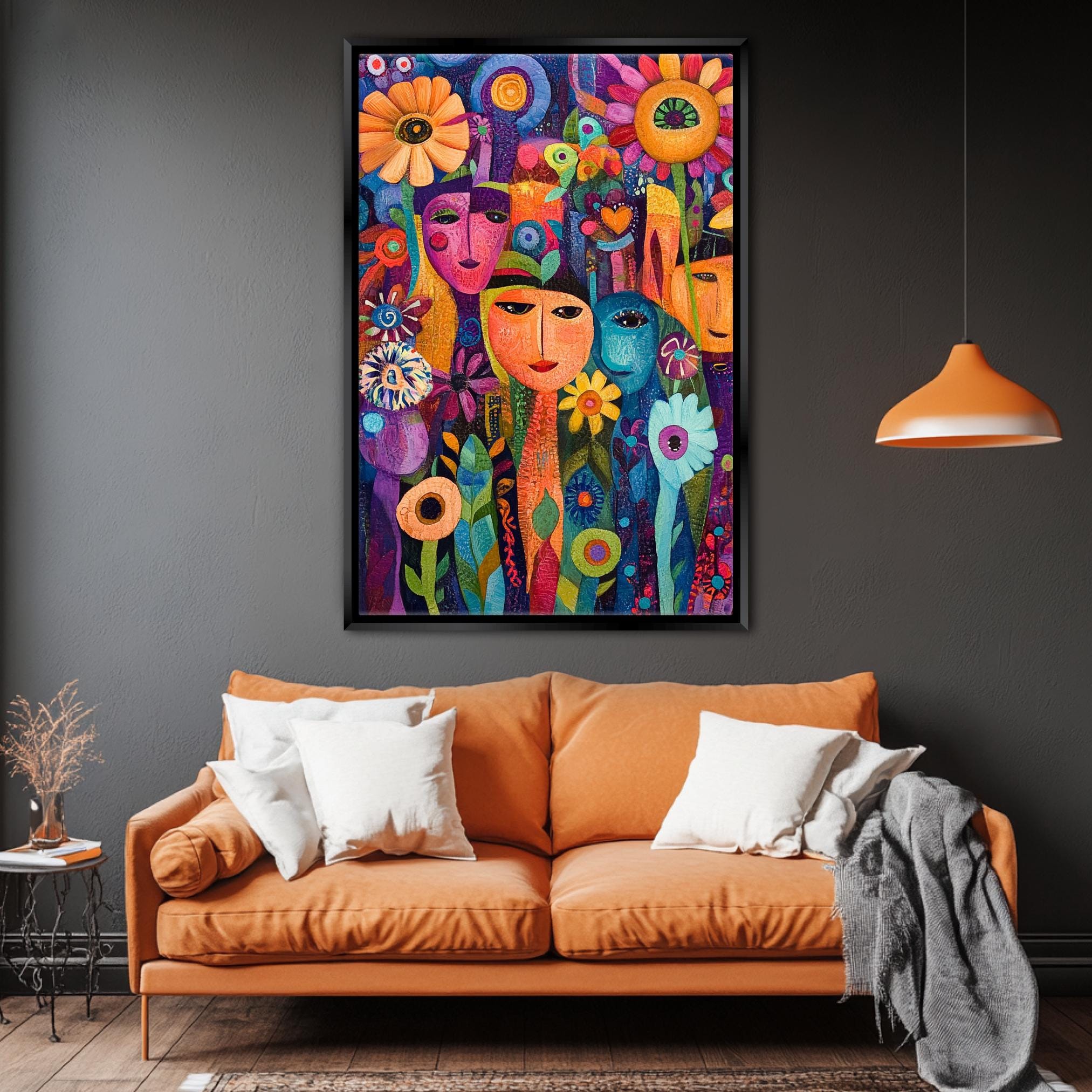 a living room with a couch and a painting on the wall