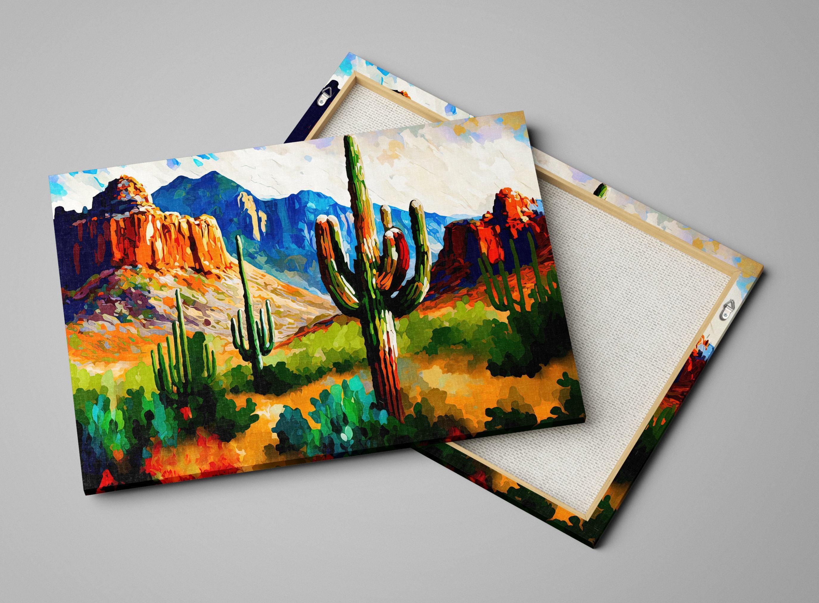 The image is a vibrant painting depicting a desert landscape with a prominent cactus in the foreground. The painting showcases a colorful and detailed representation of the desert scenery, with mountains and other desert elements in the background.