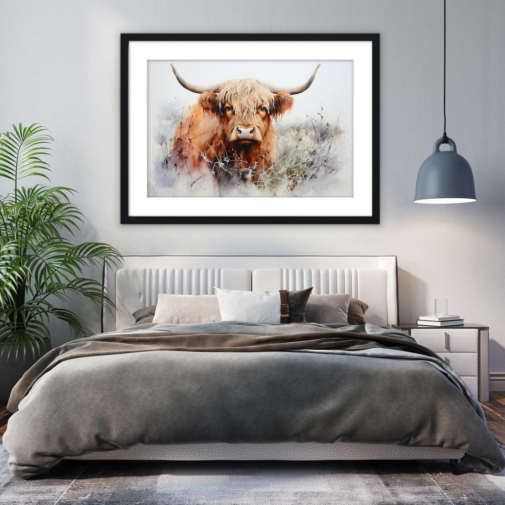 Watercolor Highland Cow Wall Art Print, Giclee Print on Canvas, Artist Paper, Watercolor Paper, Available in Extra Large Sizes