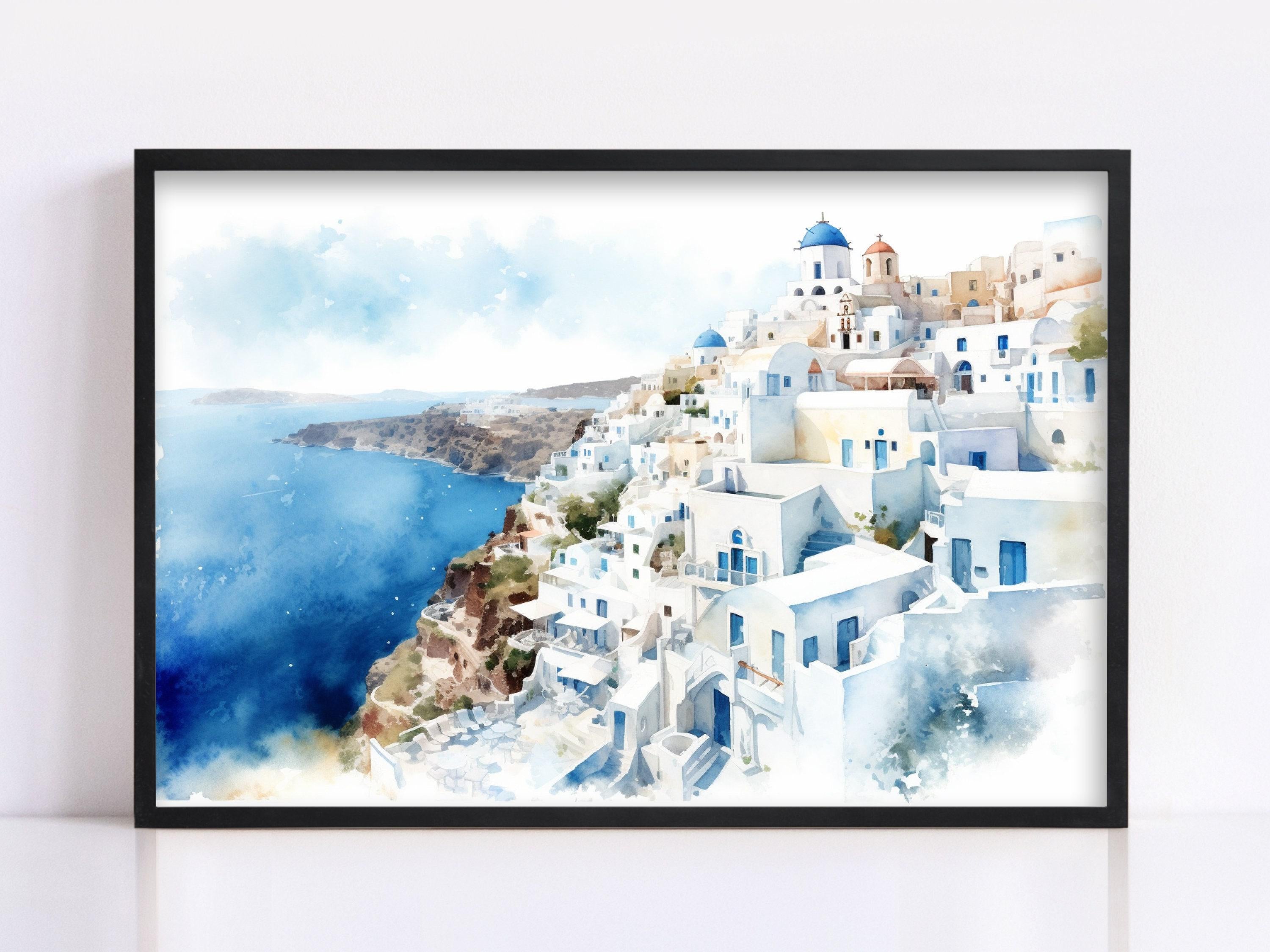 The image is a framed watercolor painting depicting a picturesque coastal town with white buildings and blue roofs, overlooking the ocean.
