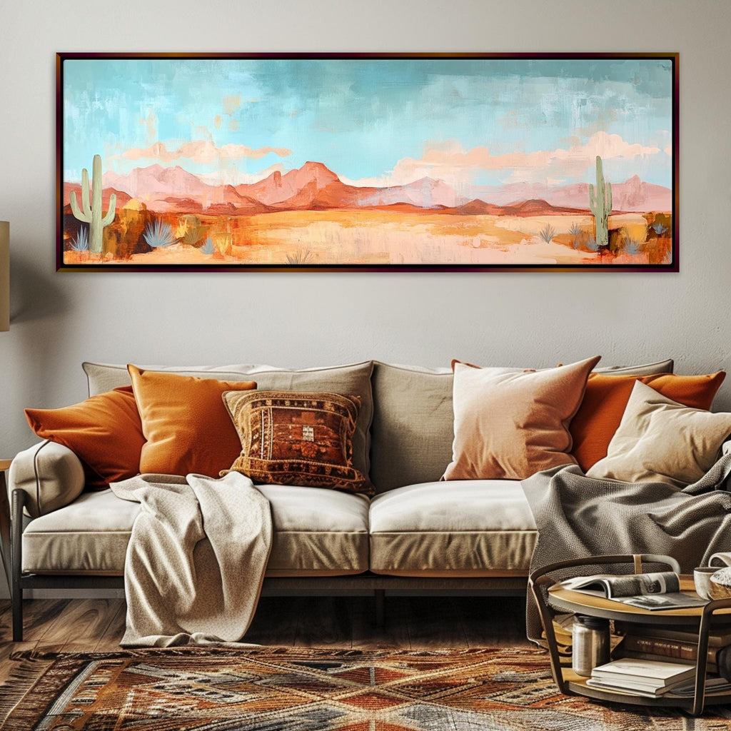 a living room with a couch and a painting on the wall