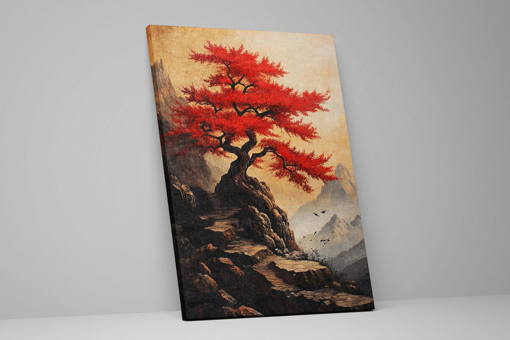 a painting of a red tree on a mountain