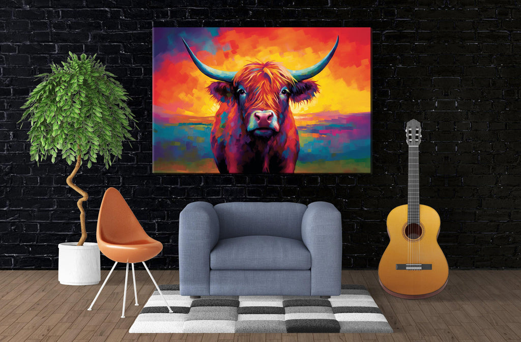 Highland Cow Art – Colorful Animal Canvas | Rustic Farmhouse Wall Decor, Extra Large Gallery Wrapped Canvas