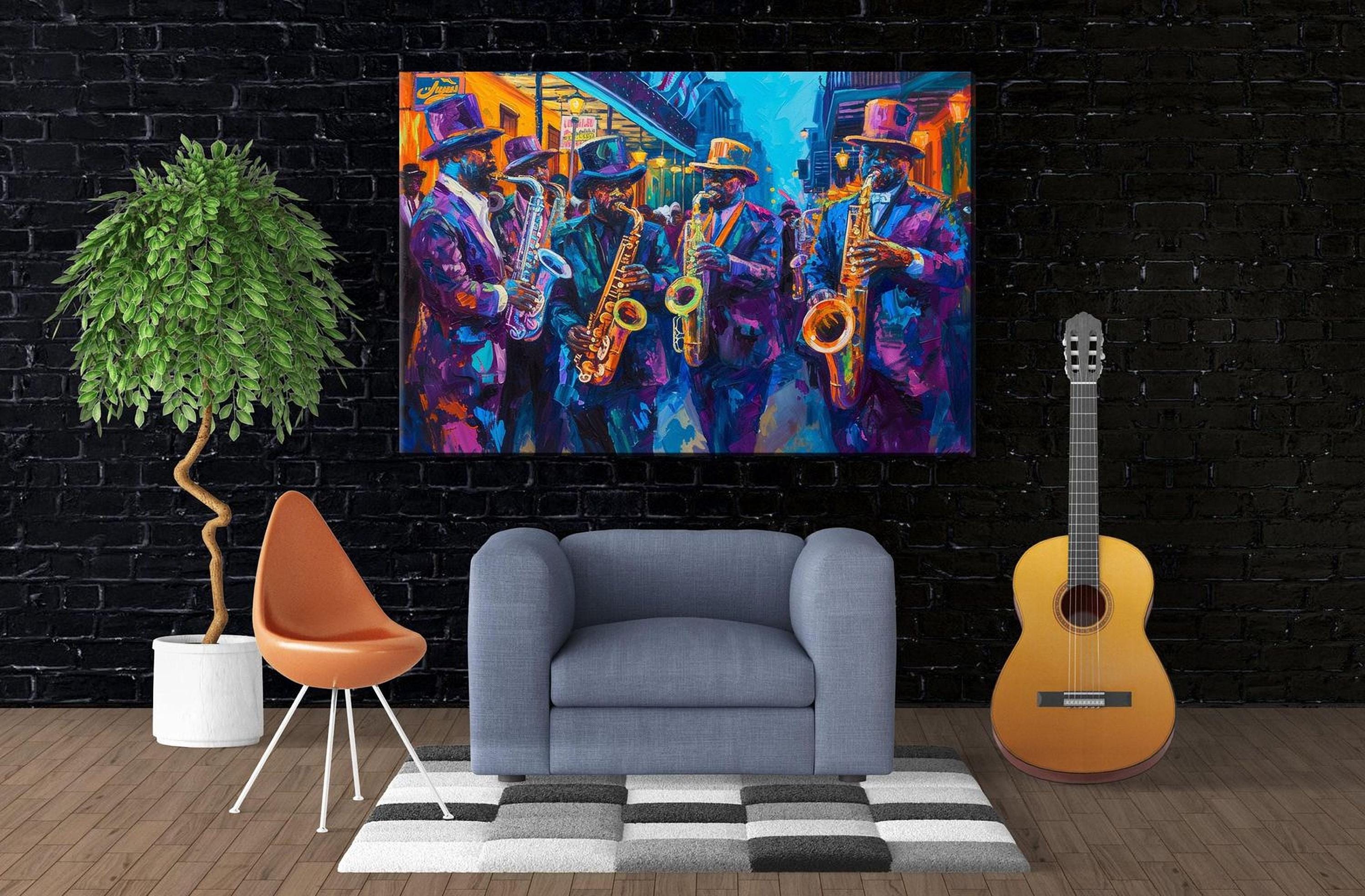 a vibrant painting of a group of musicians playing instruments, such as saxophones and guitars, set against a black brick wall. The painting is hung on the wall, and a guitar is placed next to a gray armchair in the foreground. A potted plant is also present in the scene, adding a touch of greenery to the space.