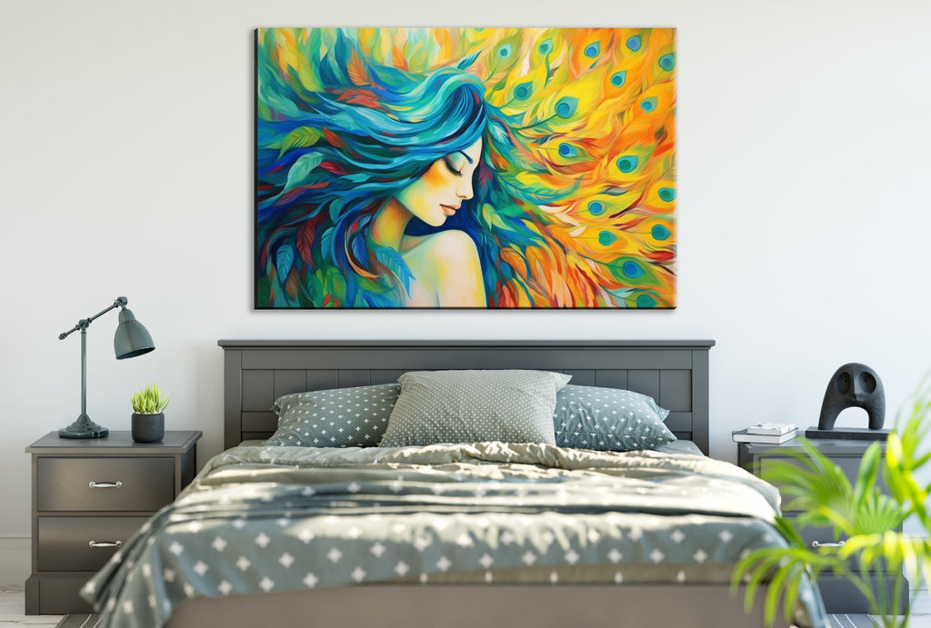 Peacock Feather Canvas - Elegant Woman Portrait Art | Large Gallery Ready Print