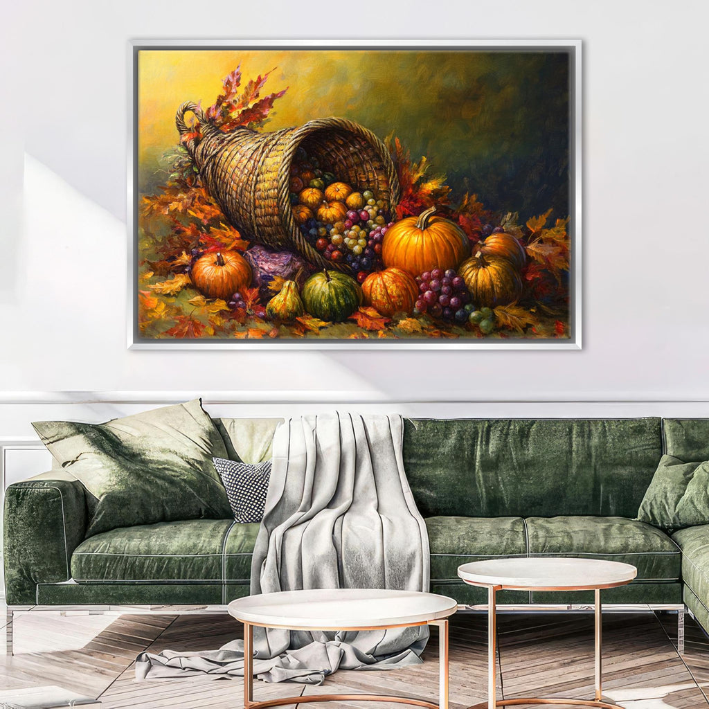 a large painting of a basket overflowing with various fruits, including apples, oranges, and pumpkins, set against a backdrop of autumn leaves.