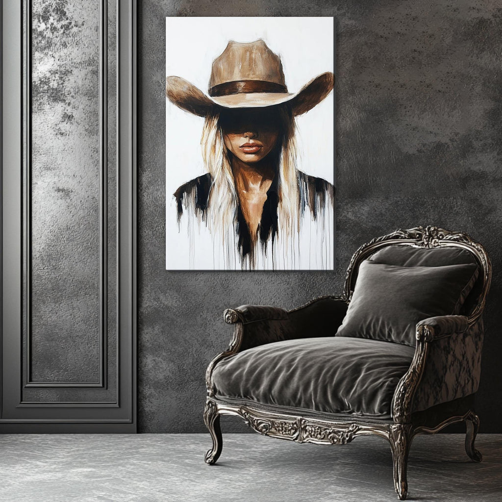 a painting of a woman wearing a cowboy hat
