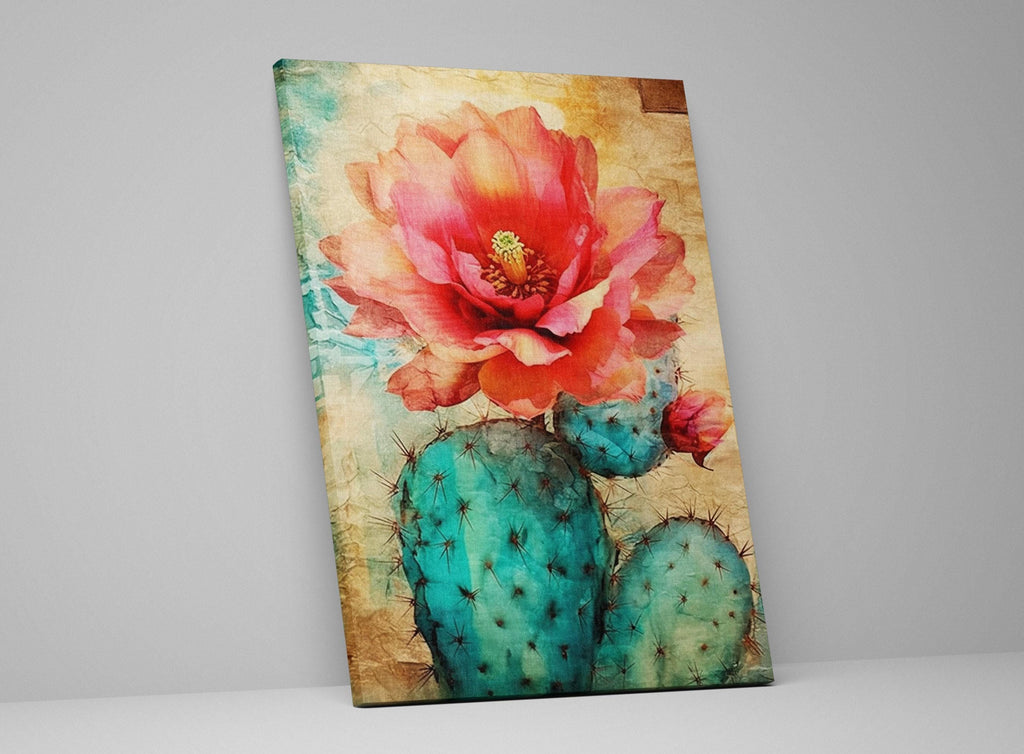 a vibrant painting of a cactus with a large, red flower blooming on it. The cactus has a mix of green and blue colors, and the flower is the focal point of the artwork.