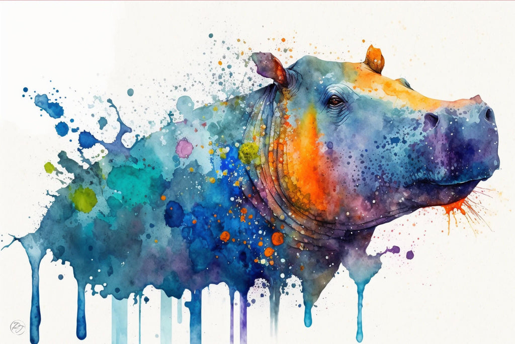 Wildlife Majesty: Hippopotamus Watercolor Painting, Giclee Print on Canvas, Artist Paper, Watercolor Paper, Available in Extra Large Sizes