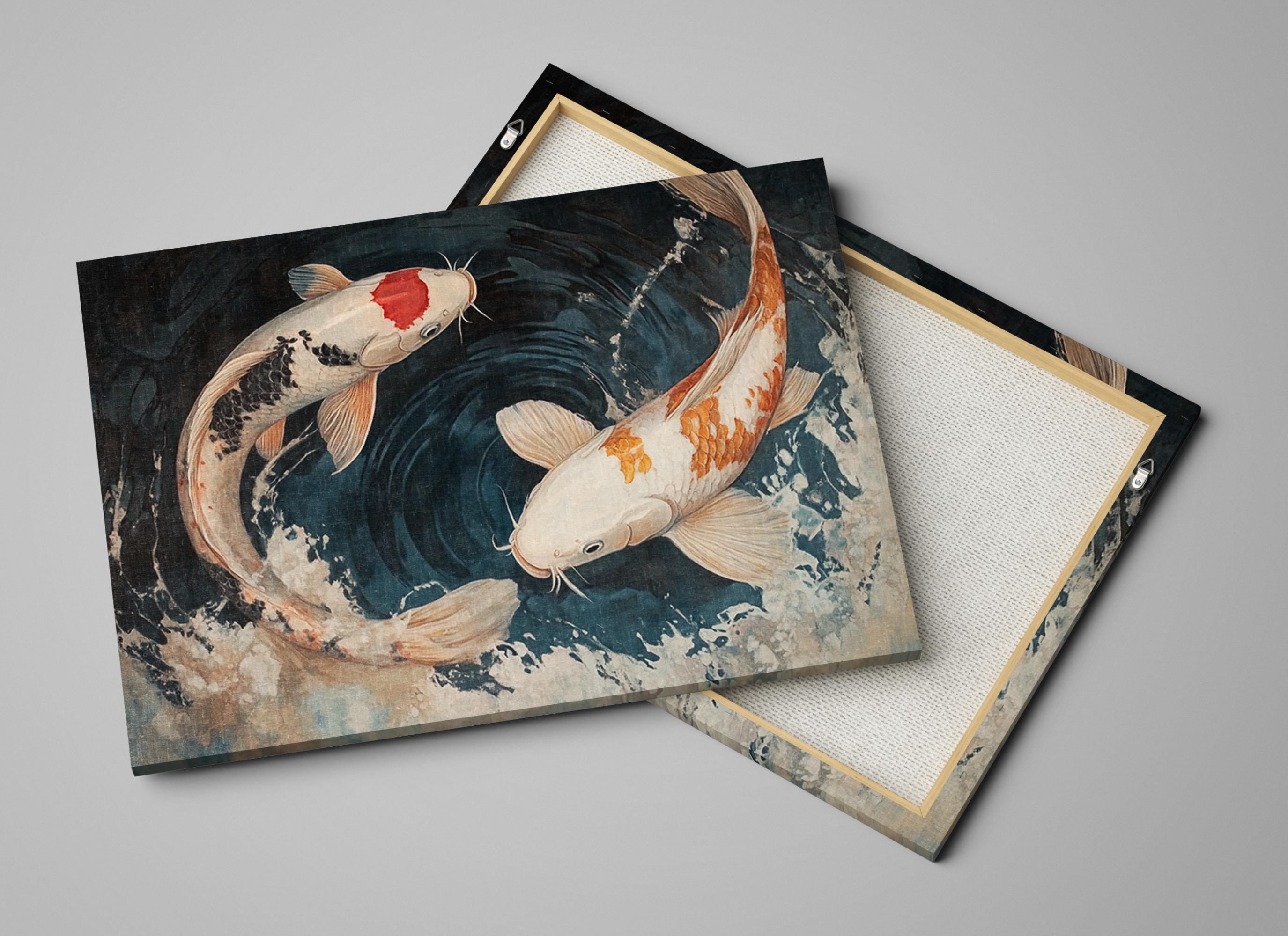 a couple of paintings of koi fish in water