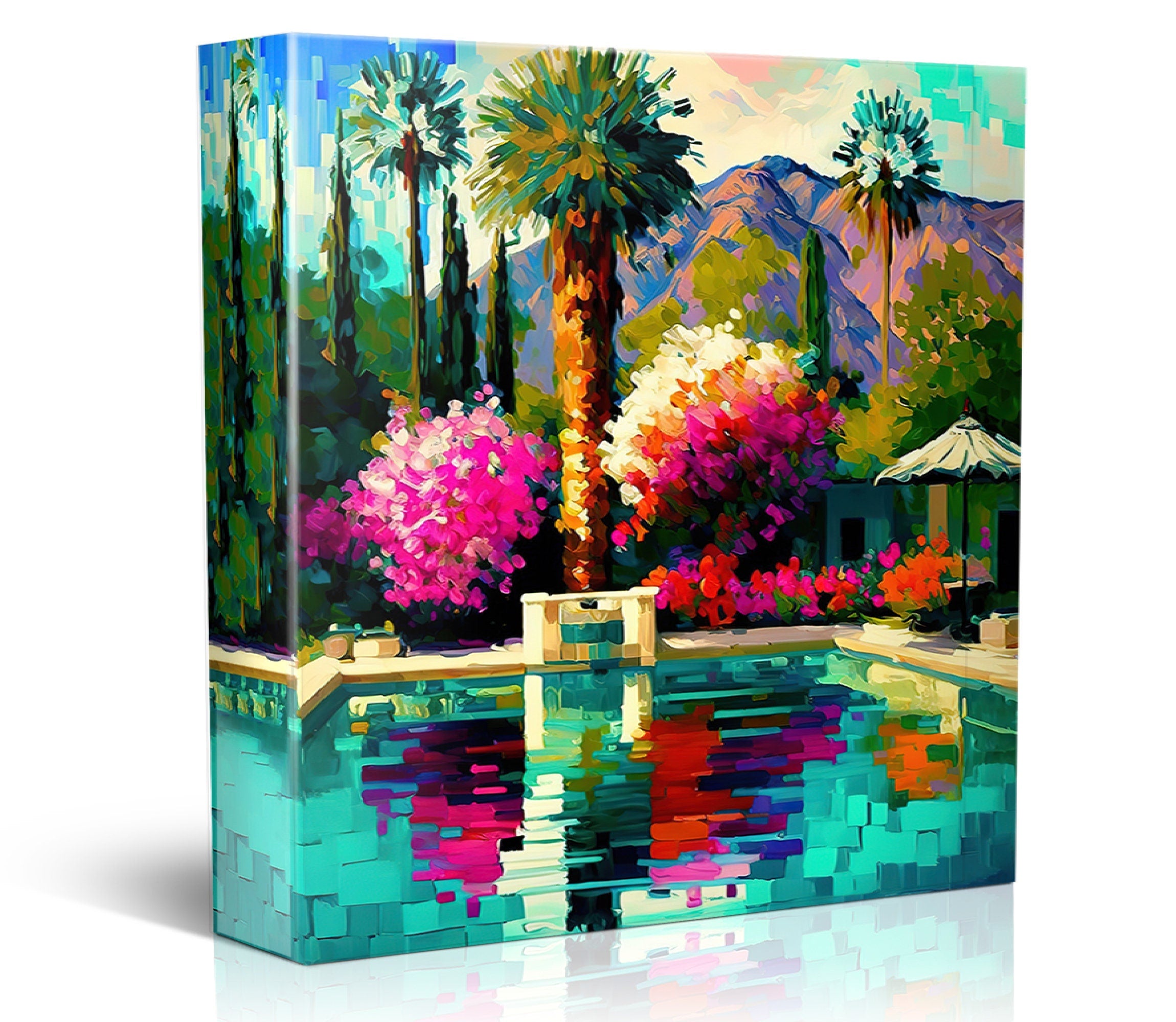 Palm Springs Canvas Print - Vibrant Colorful Pool Scene Painting on Gallery-Ready Canvas