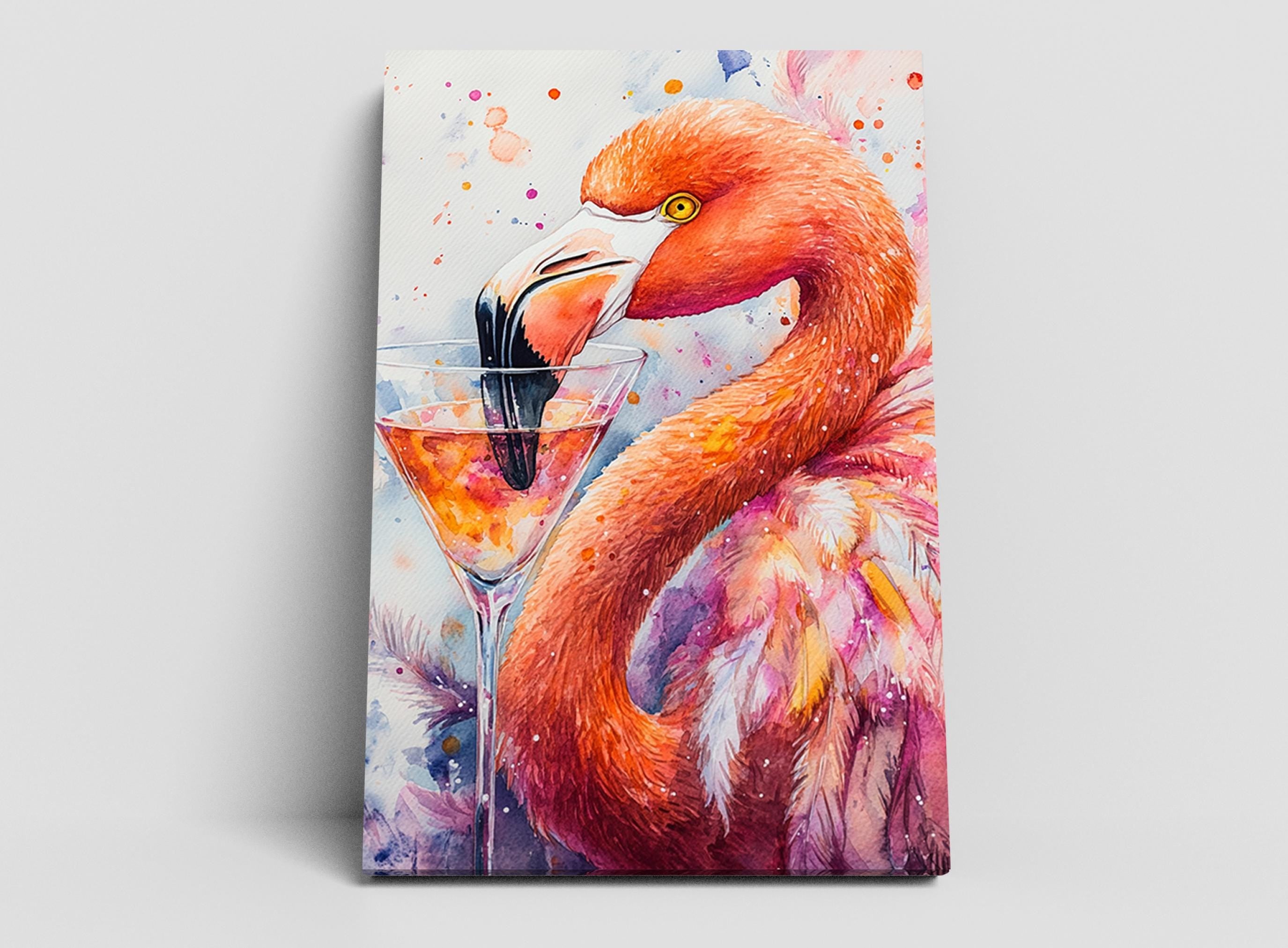 A vibrant painting of a flamingo holding a martini glass, with splashes of color and a lively, artistic style.