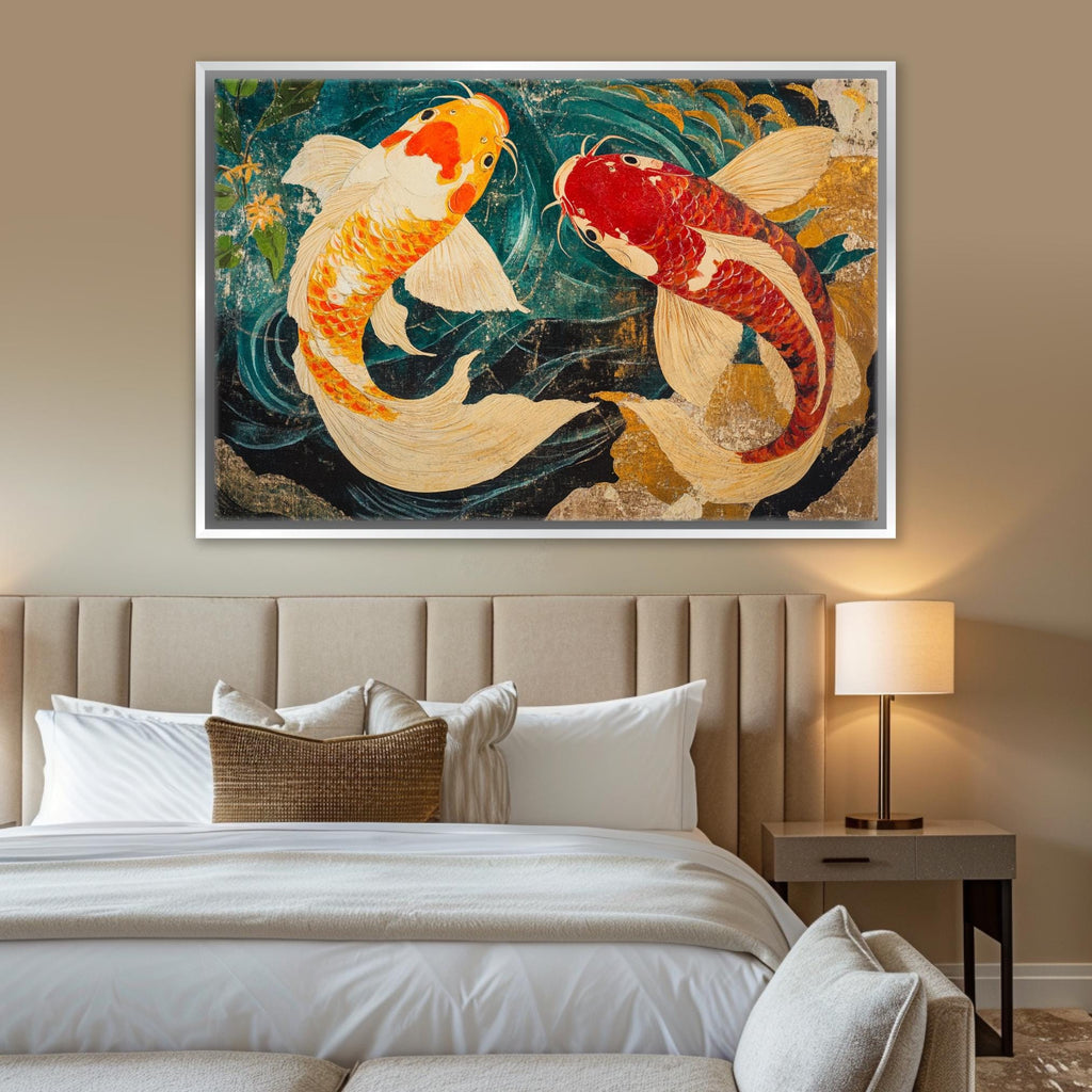 a painting of two koi fish on a wall above a bed