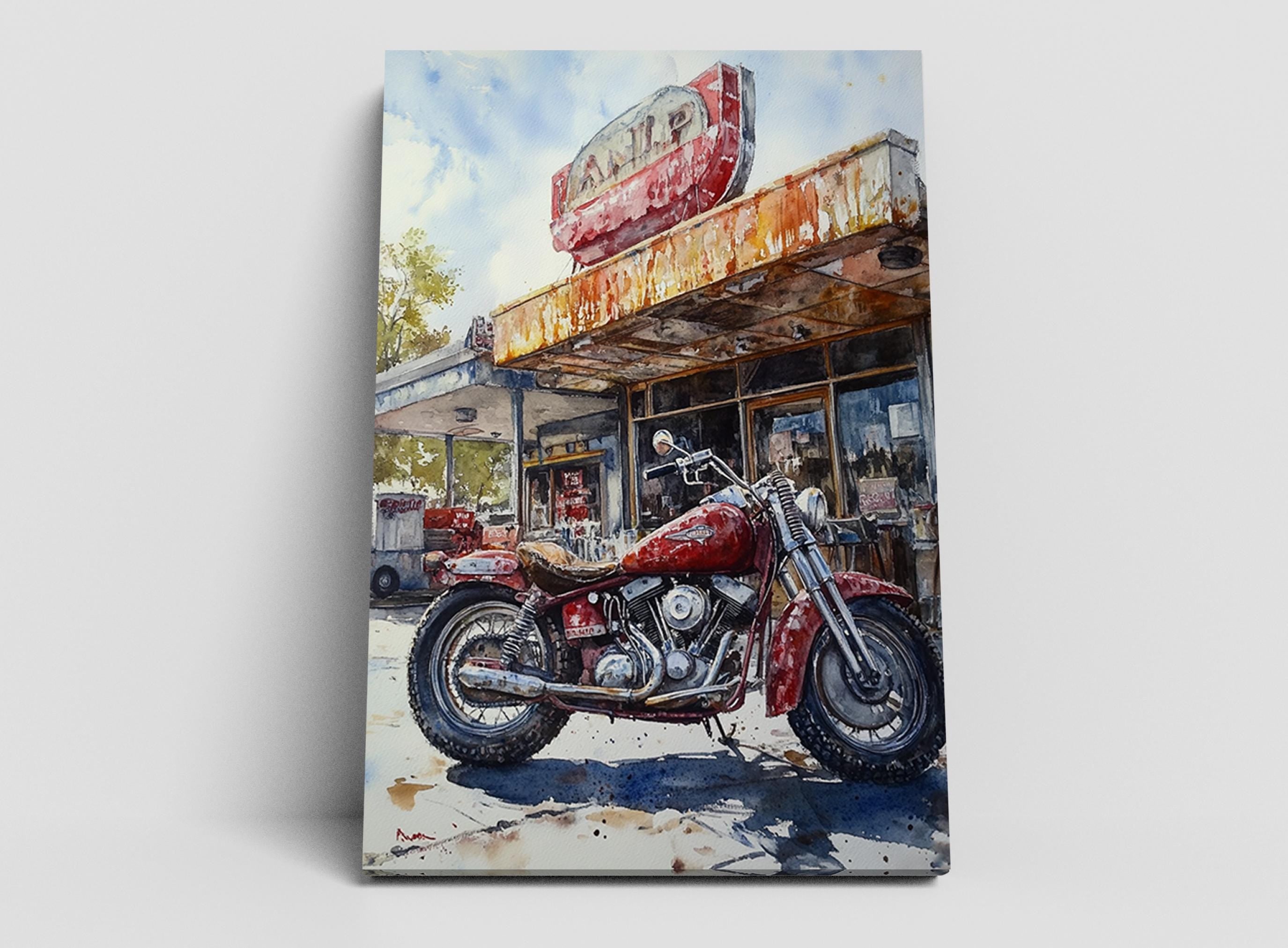A red motorcycle parked in front of a dilapidated gas station with a faded sign.