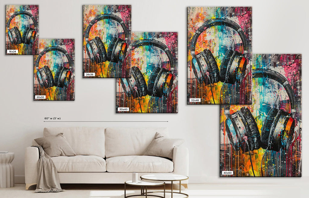 Colorful Headphones Wall Art - Large Canvas Print | Vibrant Music Decor