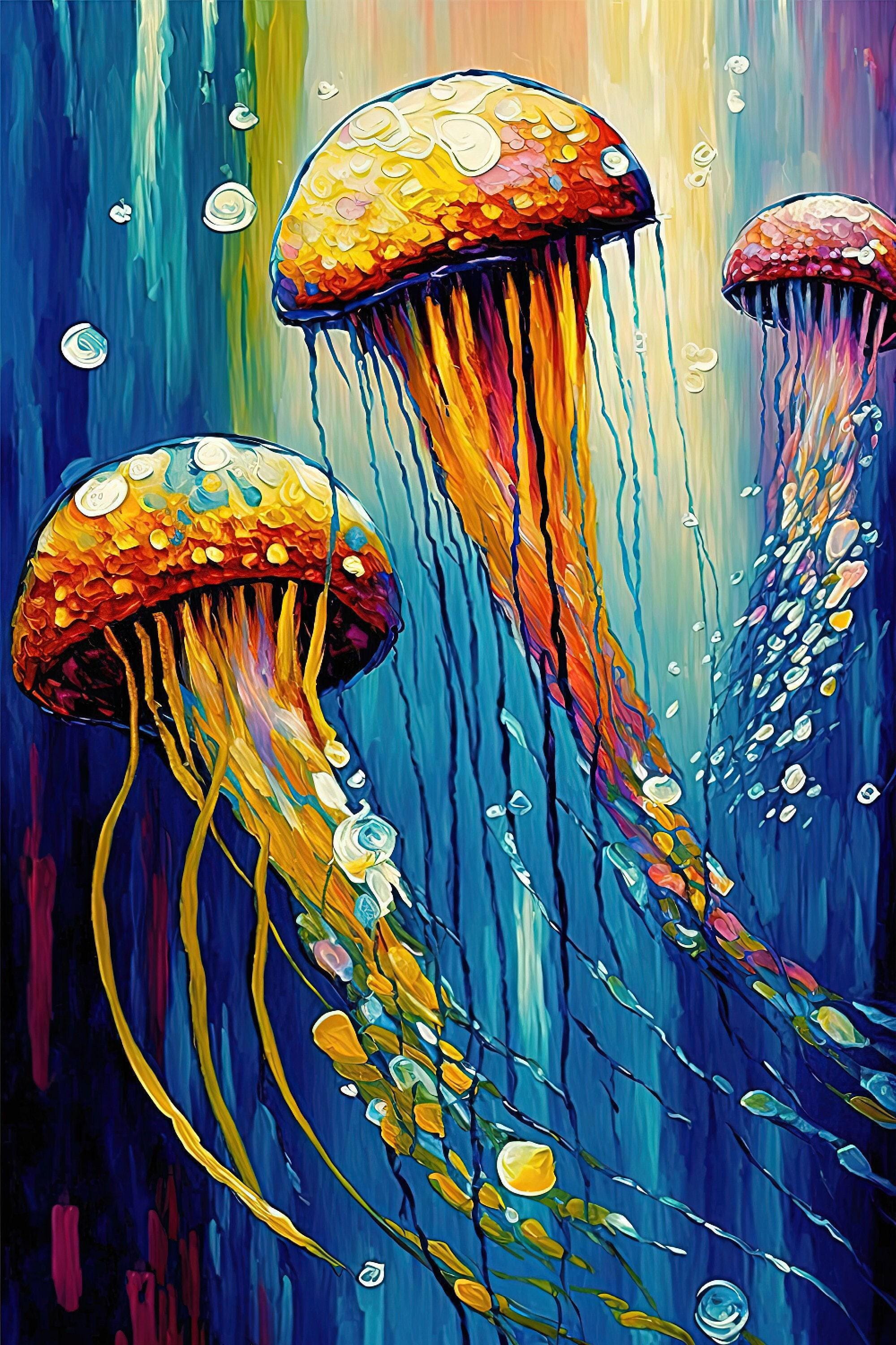 Jellyfish Art Print – Vibrant Trio Jellyfish Painting on Underwater Canvas