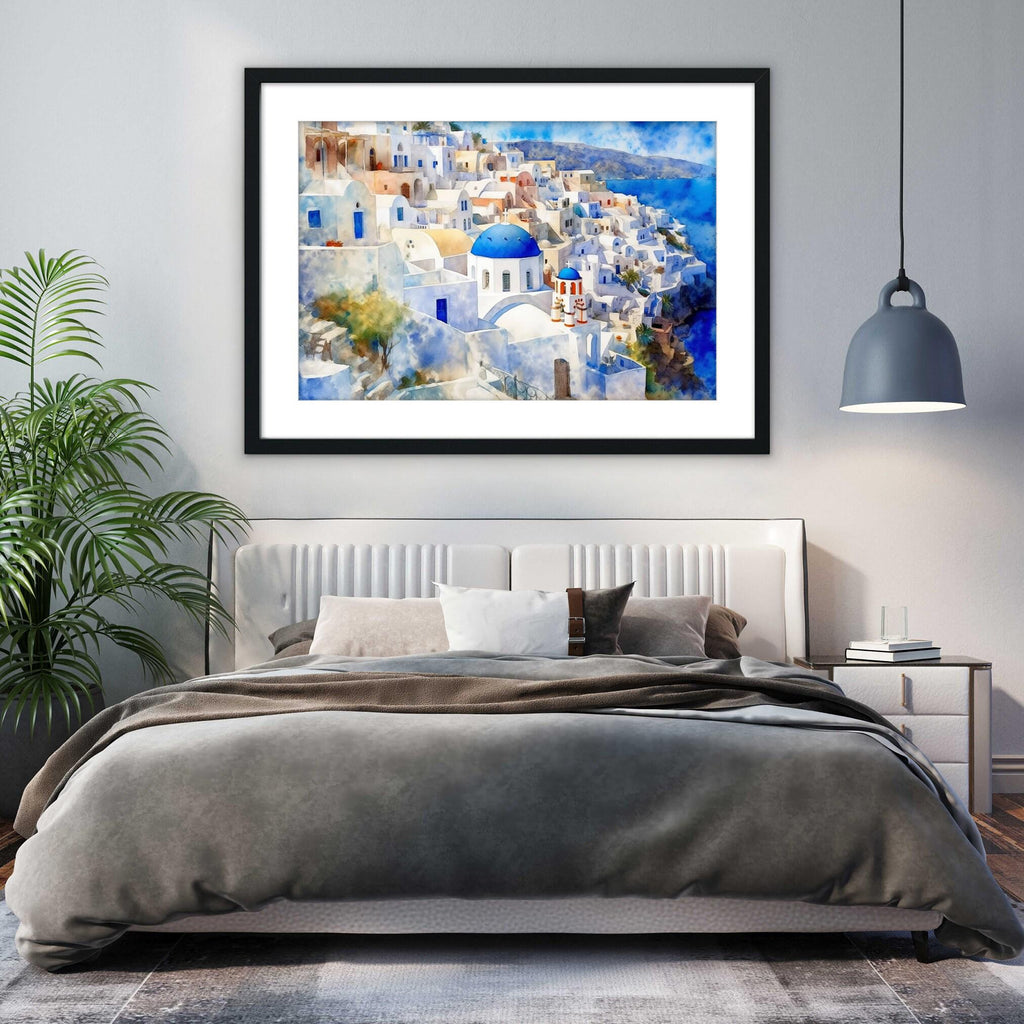 Grecian Getaway - Santorini Landscape Wall Hanging, Giclee Print on Canvas, Artist Paper, Watercolor Paper, Available in Extra Large Sizes