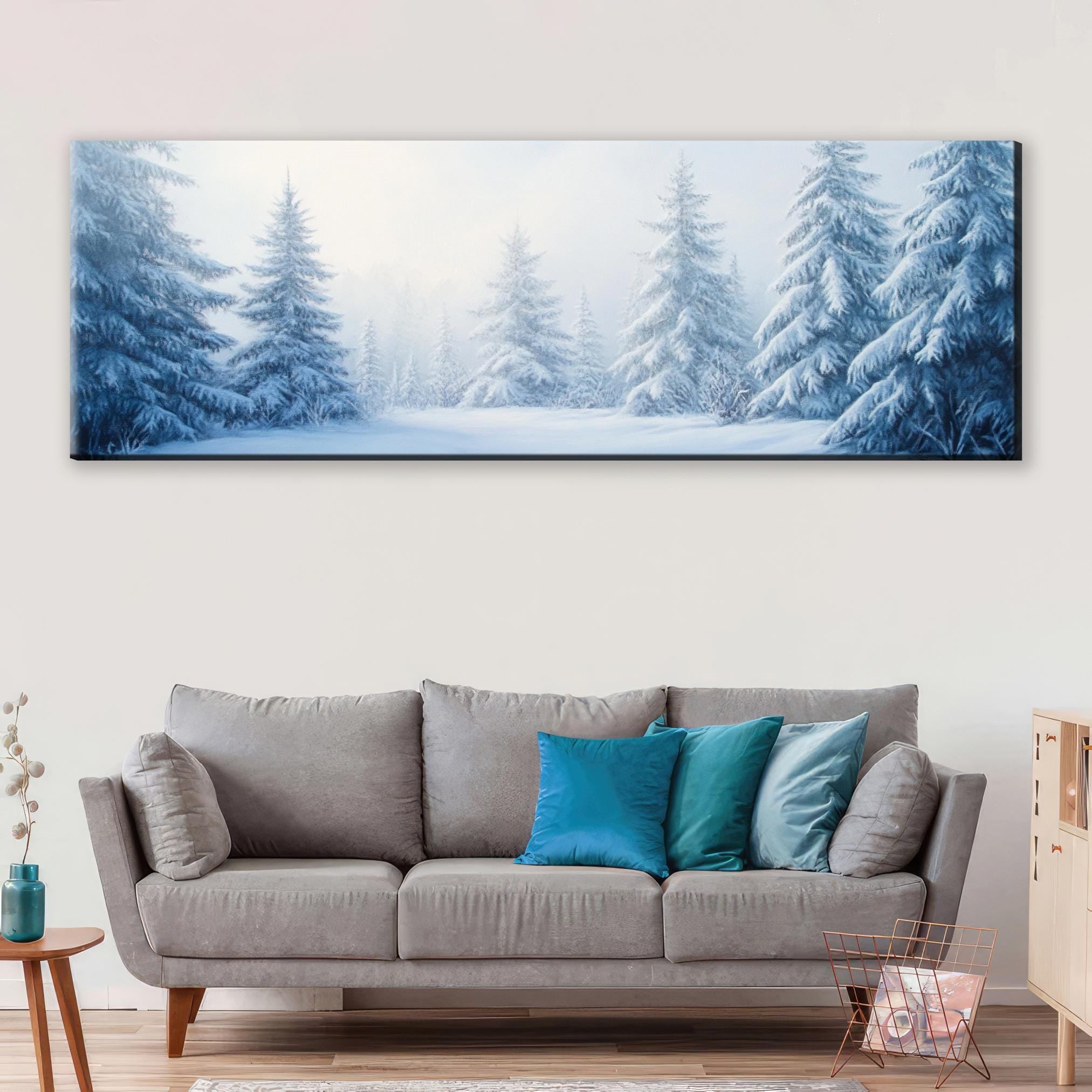 a living room with a couch and a painting on the wall
