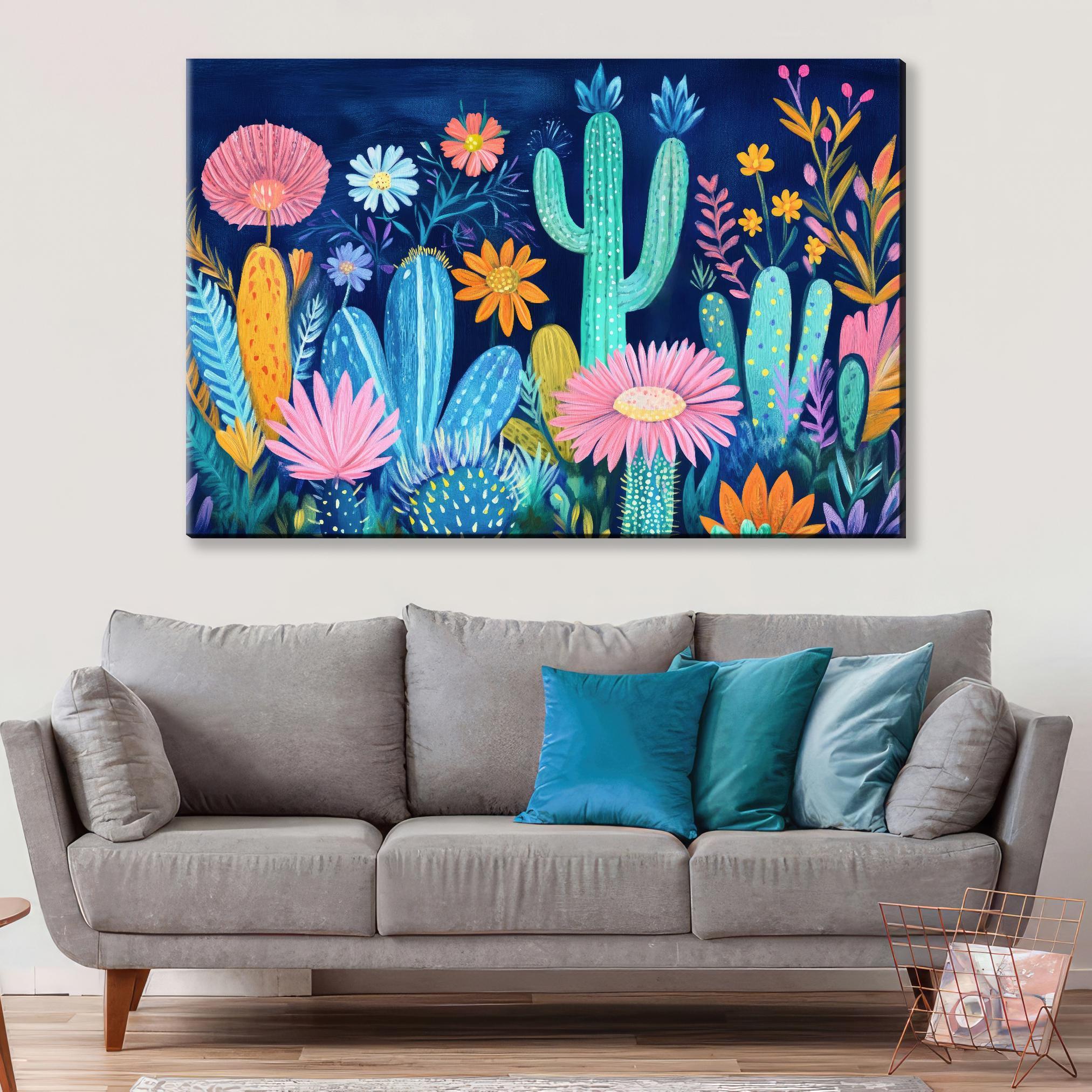 Boho Cacti Canvas Print | Bright Colorful Wall Decor - Framed Mexican Folk Art, Ready to Hang