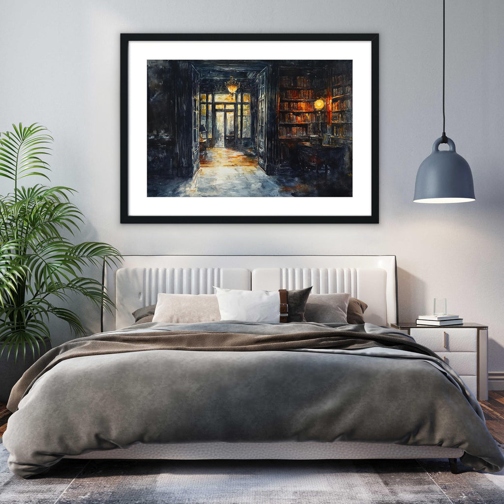 a serene bedroom scene with a large bed, a white headboard, and a framed painting of a hallway with a doorway leading to a room filled with books.