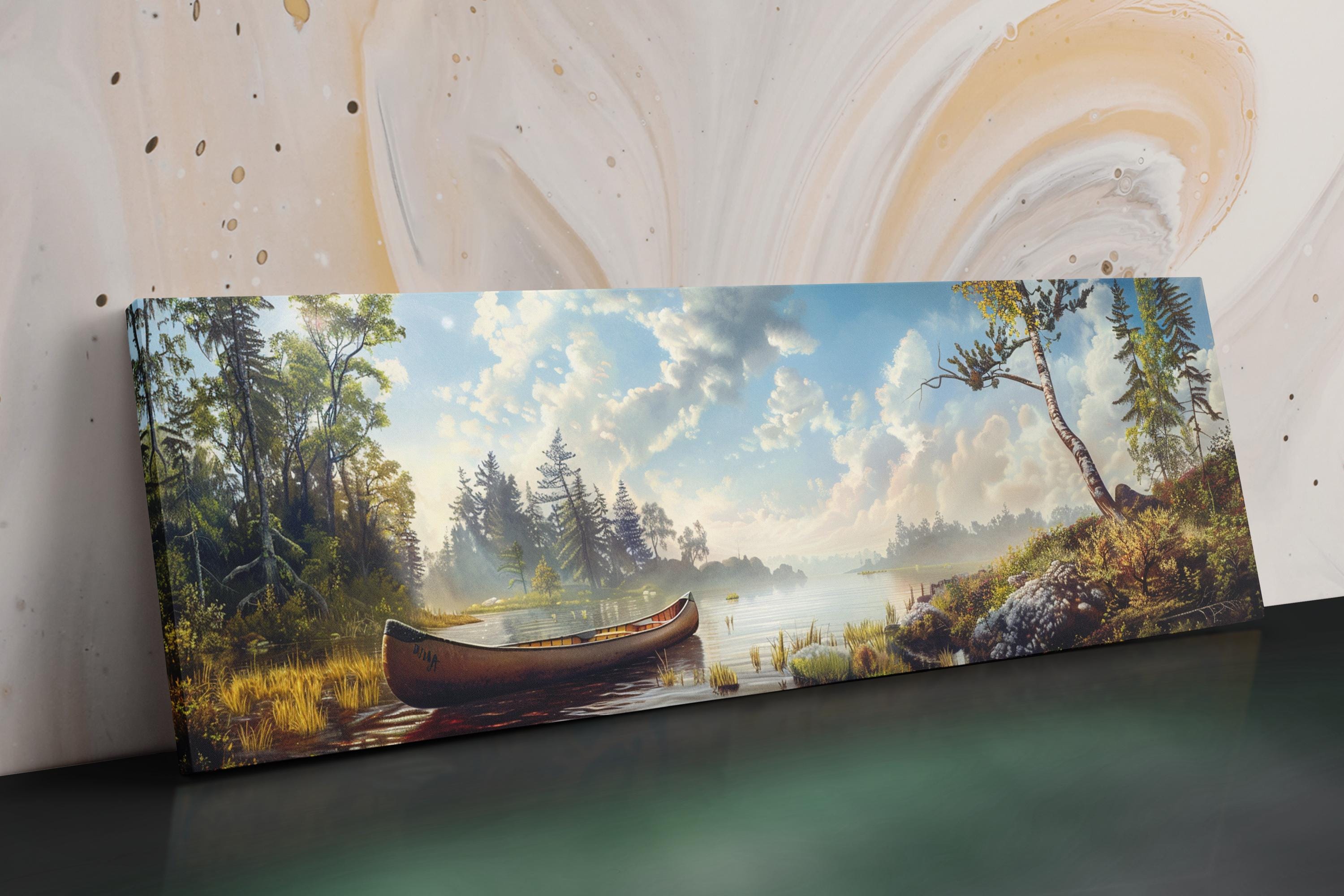 a painting of a boat on a lake