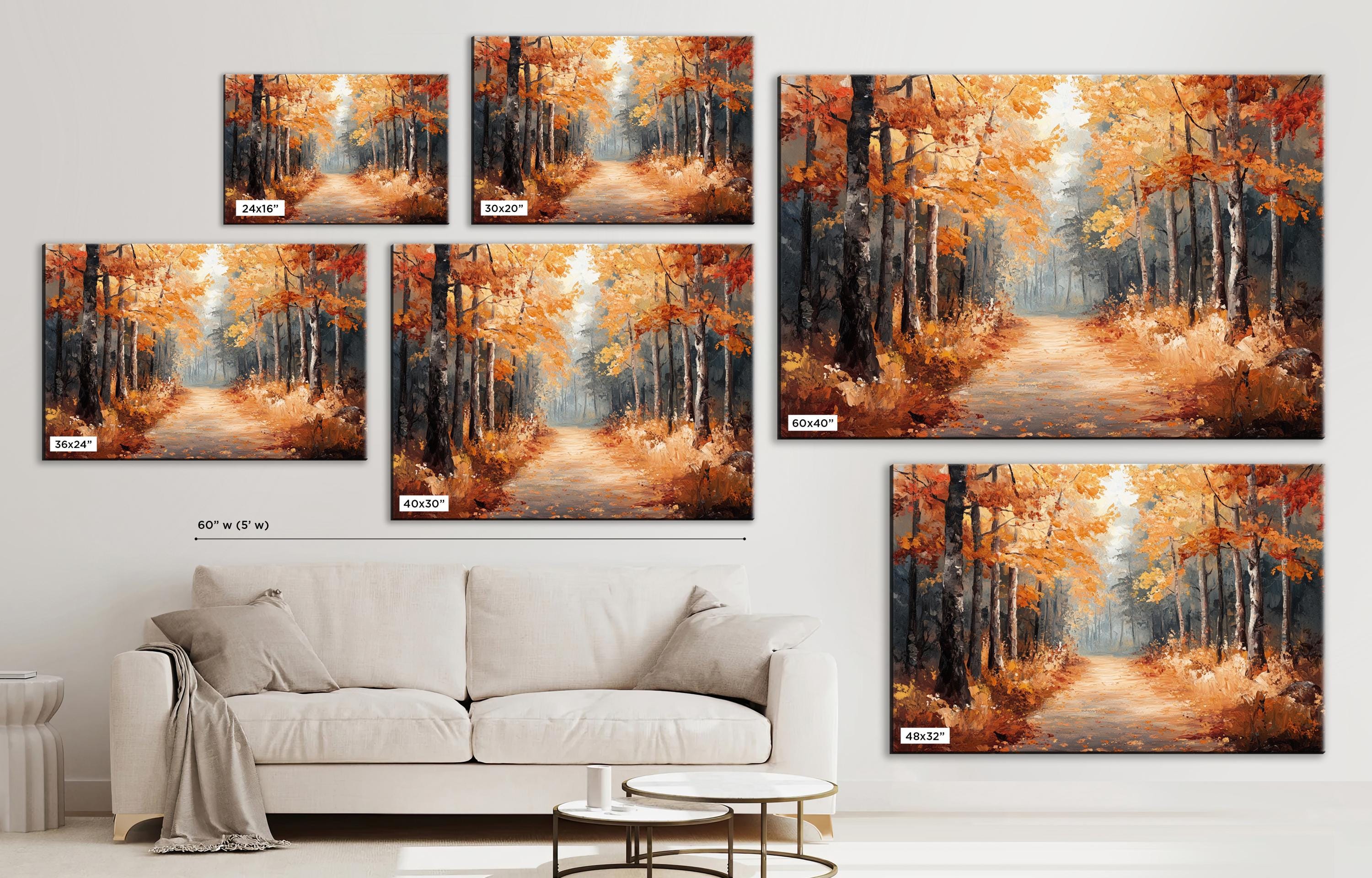 The image is a collage of five paintings depicting a scenic autumn forest path. The paintings are arranged on a wall, with a white couch in the foreground.