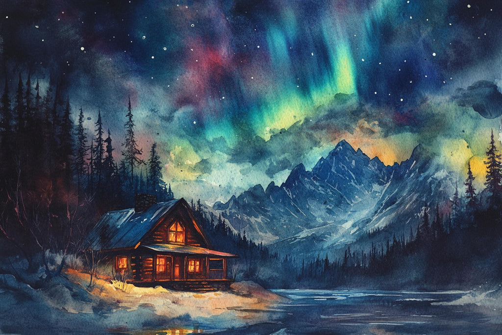 A cozy cabin nestled in a snowy mountain landscape, with a stunning display of the northern lights illuminating the night sky above.