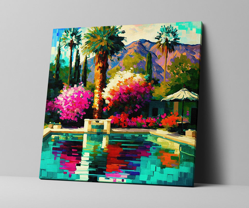 Palm Springs Canvas Print - Vibrant Colorful Pool Scene Painting on Gallery-Ready Canvas