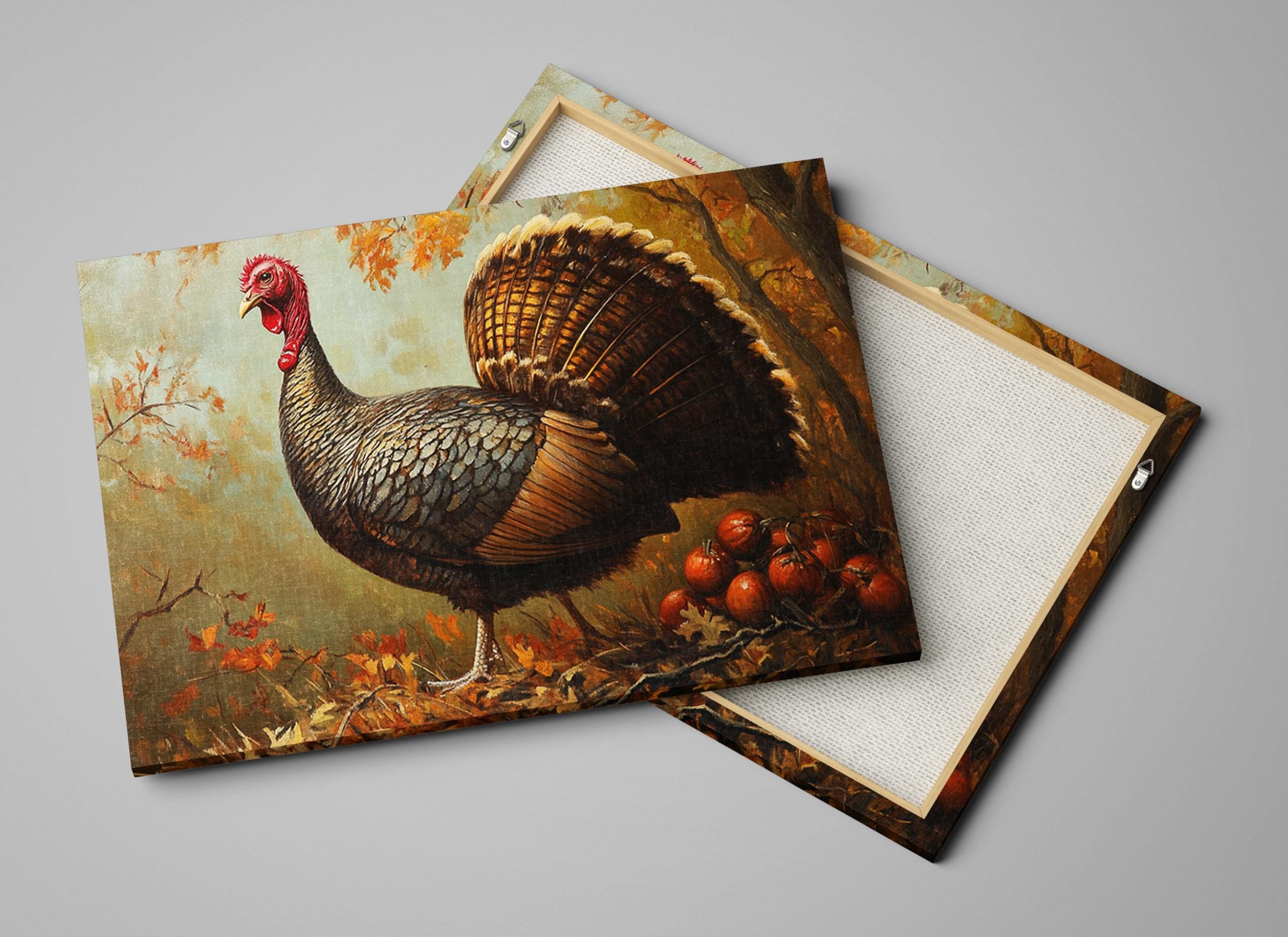 a large turkey standing on a bed of leaves and tomatoes, with a forest in the background.