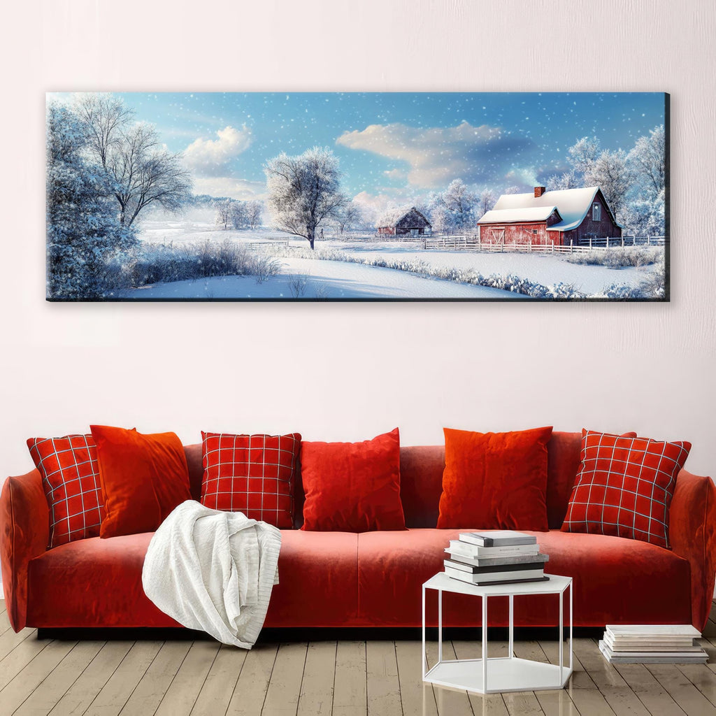 a living room with a red couch and a painting on the wall