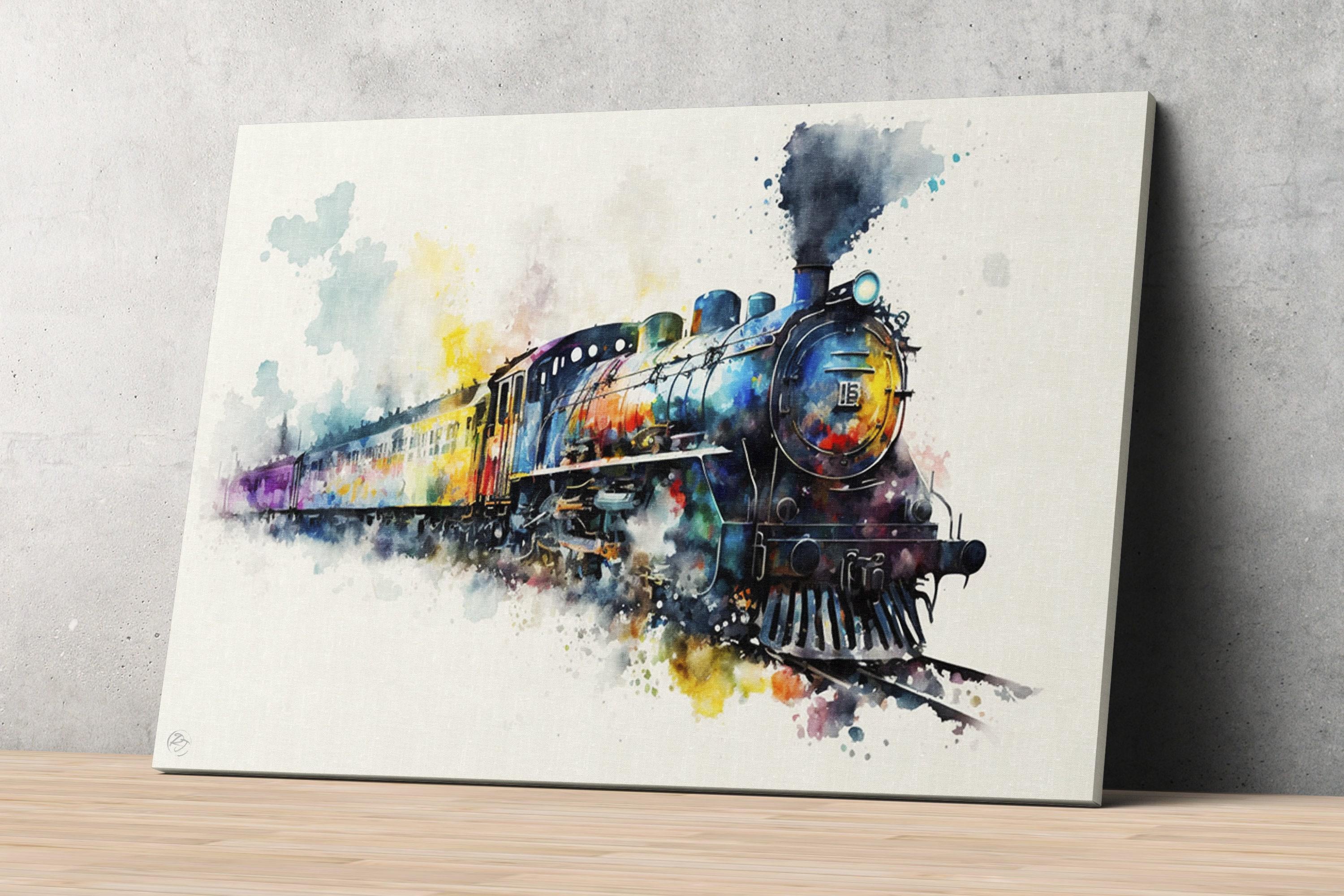 Vintage Locomotive: Watercolor Train Wall Art Print, Giclee Print on Canvas, Artist Paper, Watercolor Paper, Available in Extra Large Sizes