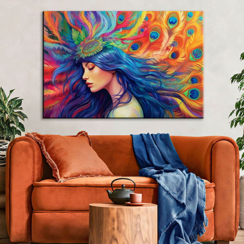 Peacock Feather Wall Art – Elegant Woman Portrait Canvas with Ornate Feather Headpiece