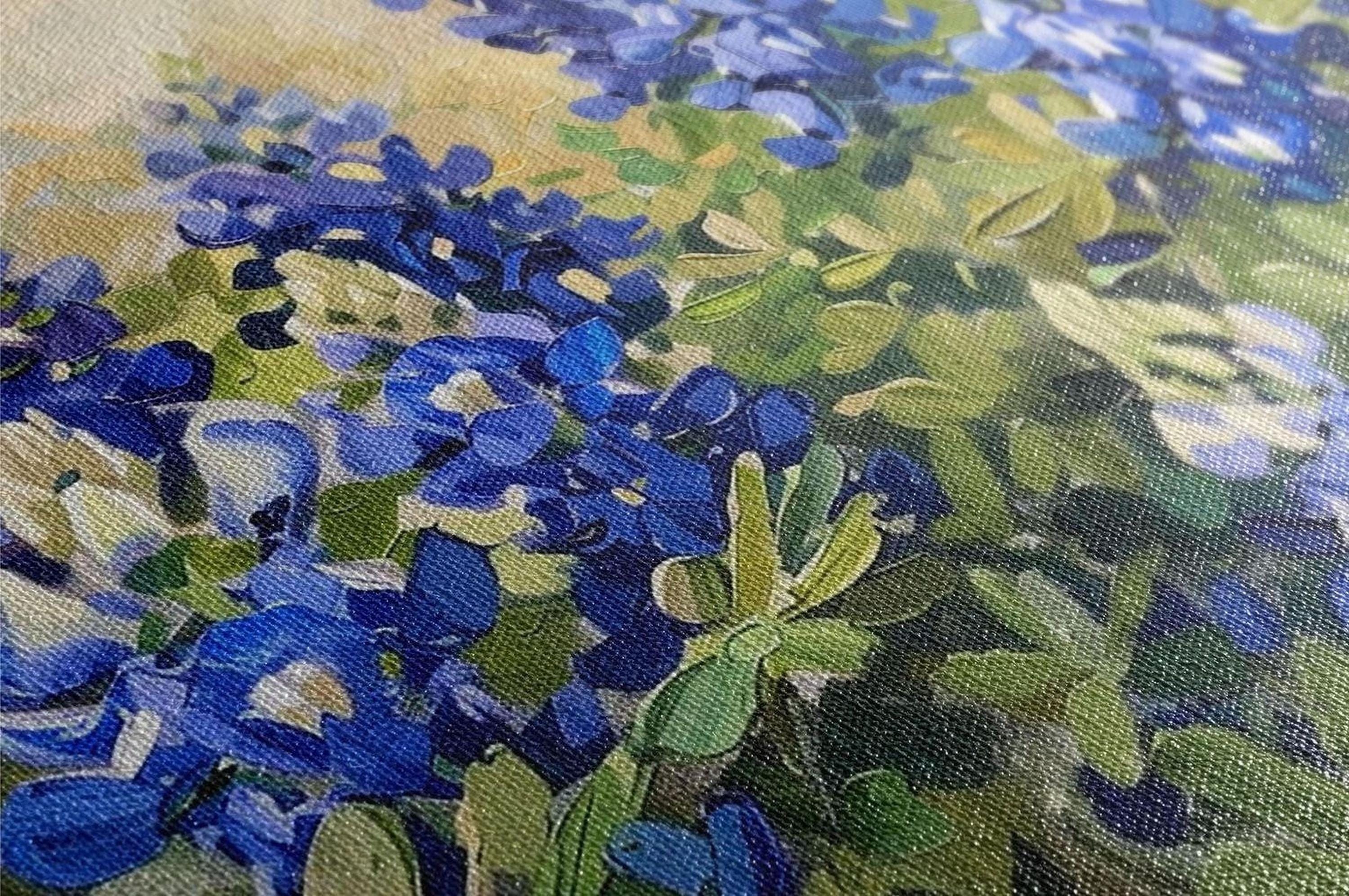 The image is a close-up of a painting that features a vibrant display of blue and green flowers and leaves.