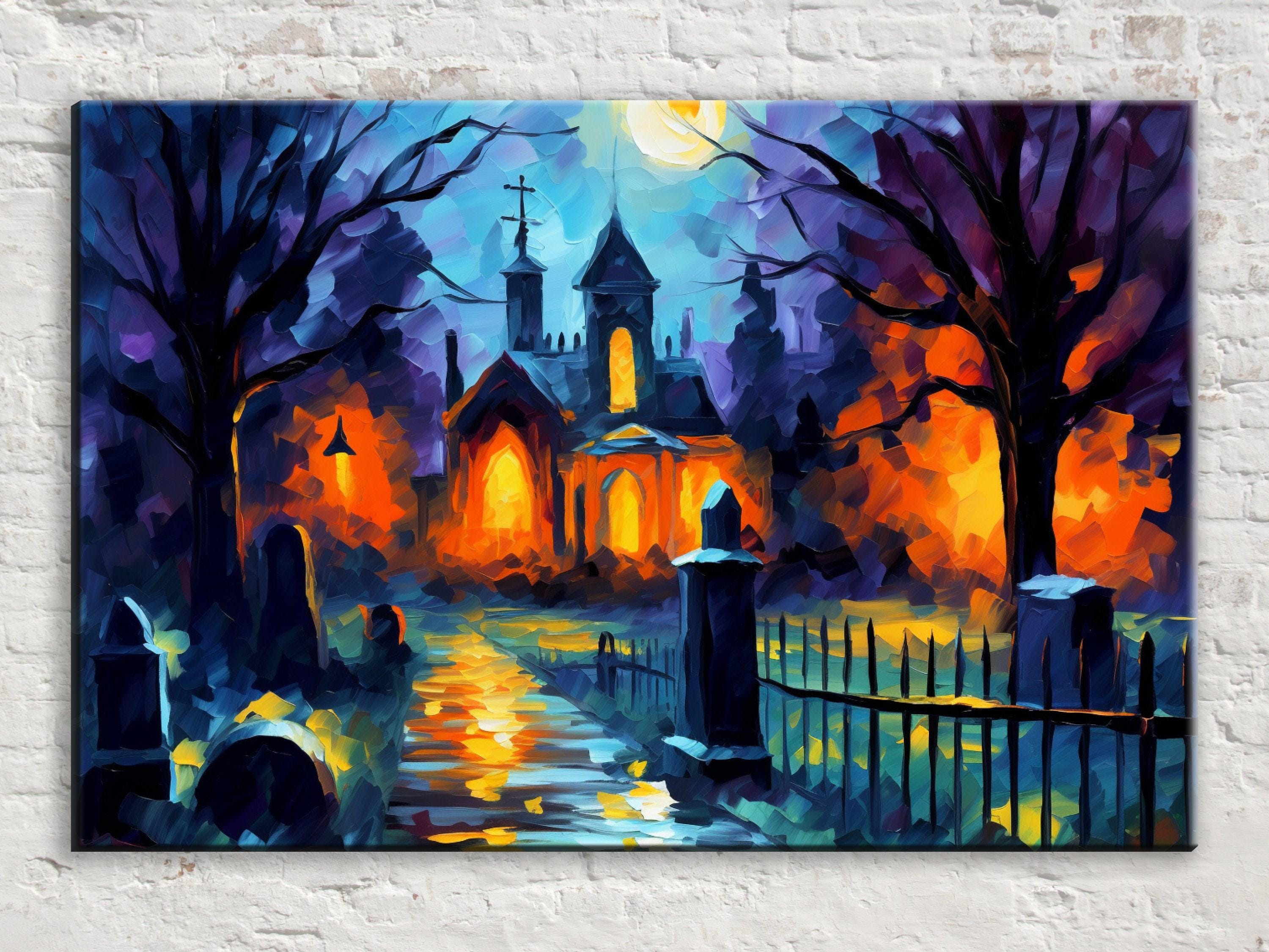 Halloween Wall Art - Spooky Graveyard Large Canvas Print | Gallery Wrapped Artist Canvas