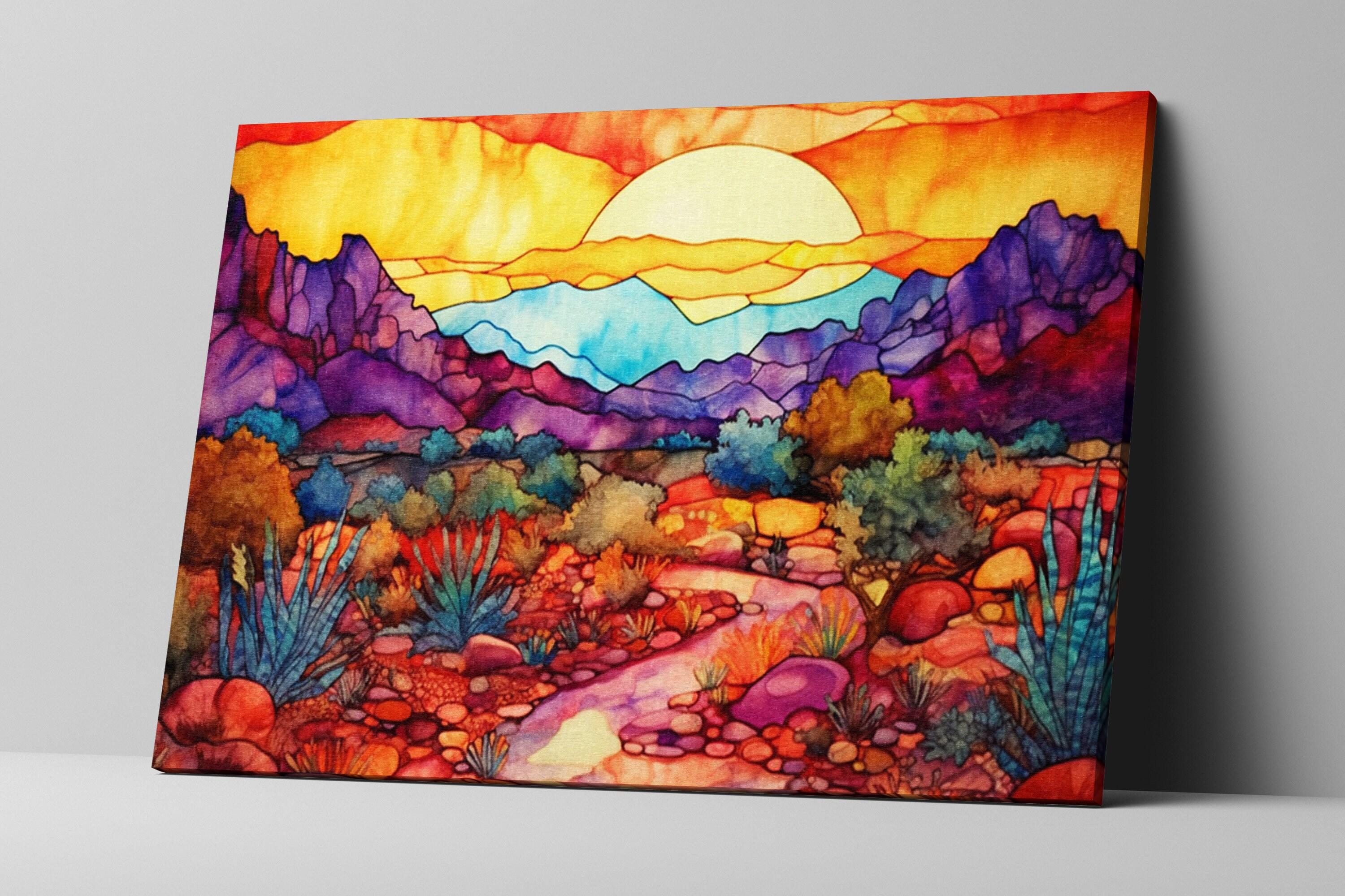 A vibrant, colorful painting depicting a desert landscape with mountains, plants, and a winding path under a bright, sun-filled sky.
