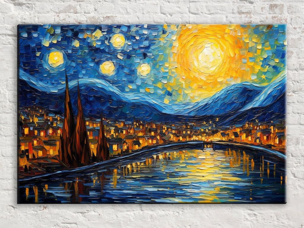 The image is a vibrant, impressionistic painting depicting a cityscape at night, with a river reflecting the bright stars and a bright sun in the sky.