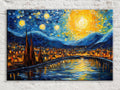 The image is a vibrant, impressionistic painting depicting a cityscape at night, with a river reflecting the bright stars and a bright sun in the sky.