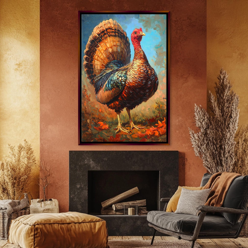 a large painting of a colorful turkey hanging on the wall above a fireplace in a cozy living room setting.