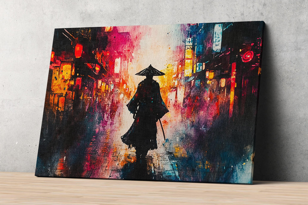 The image is a vibrant, colorful painting depicting a person in a traditional Asian outfit, walking down a street in a city at night.