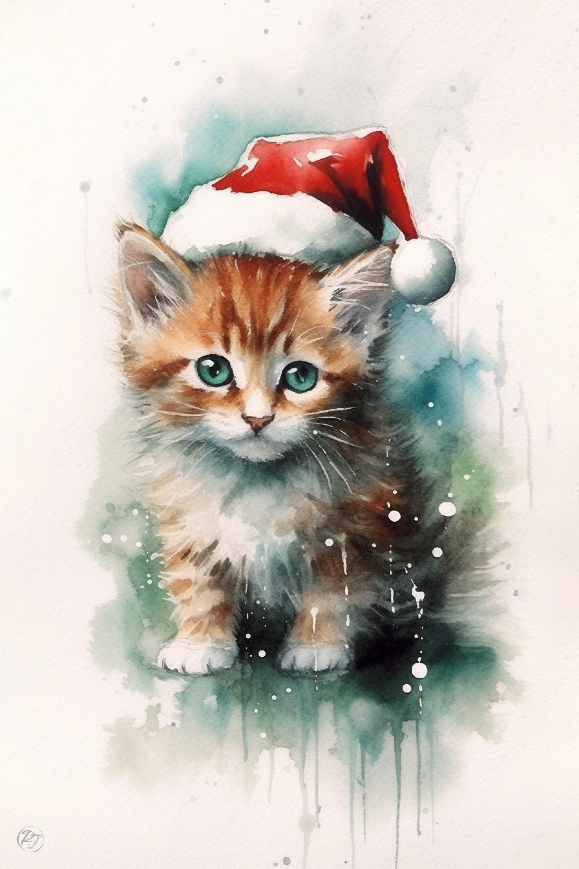 Festive Kitten in Santa Hat Watercolor Art Print, Giclee Print on Canvas, Artist Paper, Watercolor Paper, Available in Extra Large Sizes