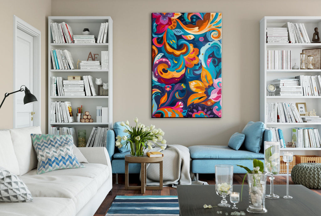 Boho Flower Painting - Colorful Wall Art on Extra Large Gallery Wrapped Canvas
