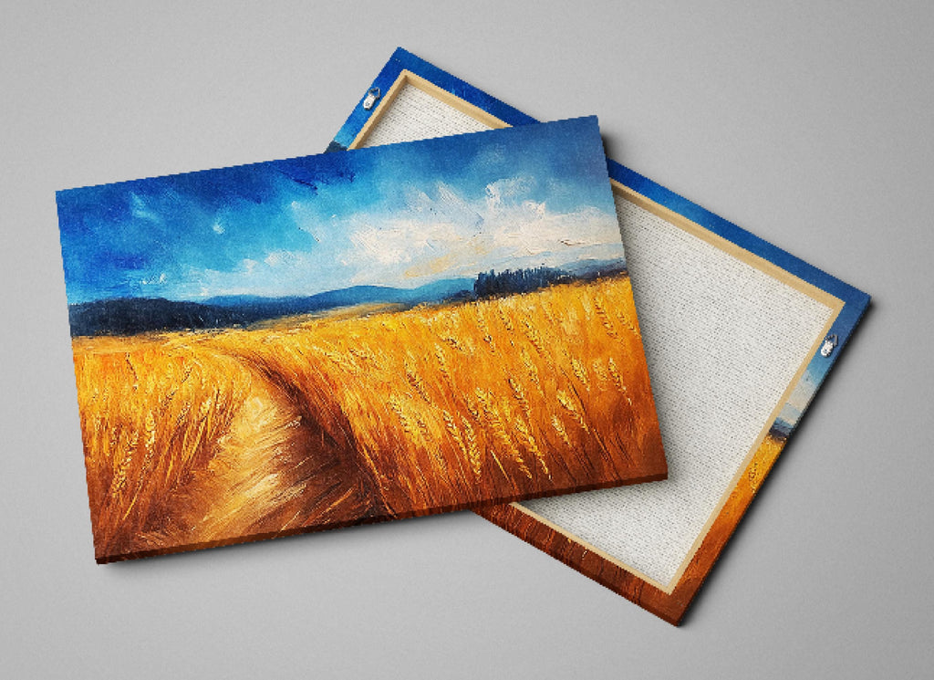 a serene landscape with a field of golden wheat under a blue sky with clouds.