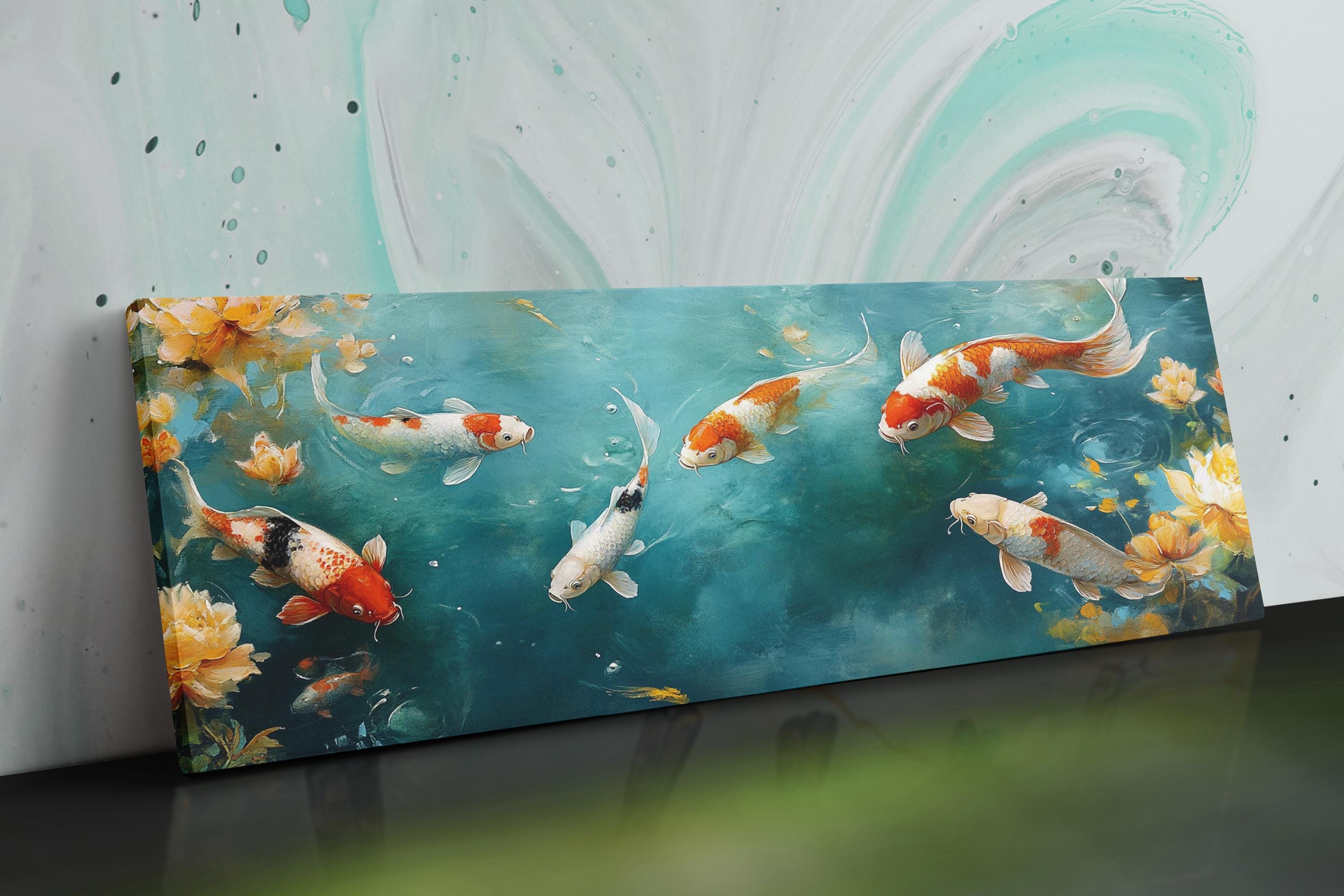 a painting of a group of fish swimming in a pond