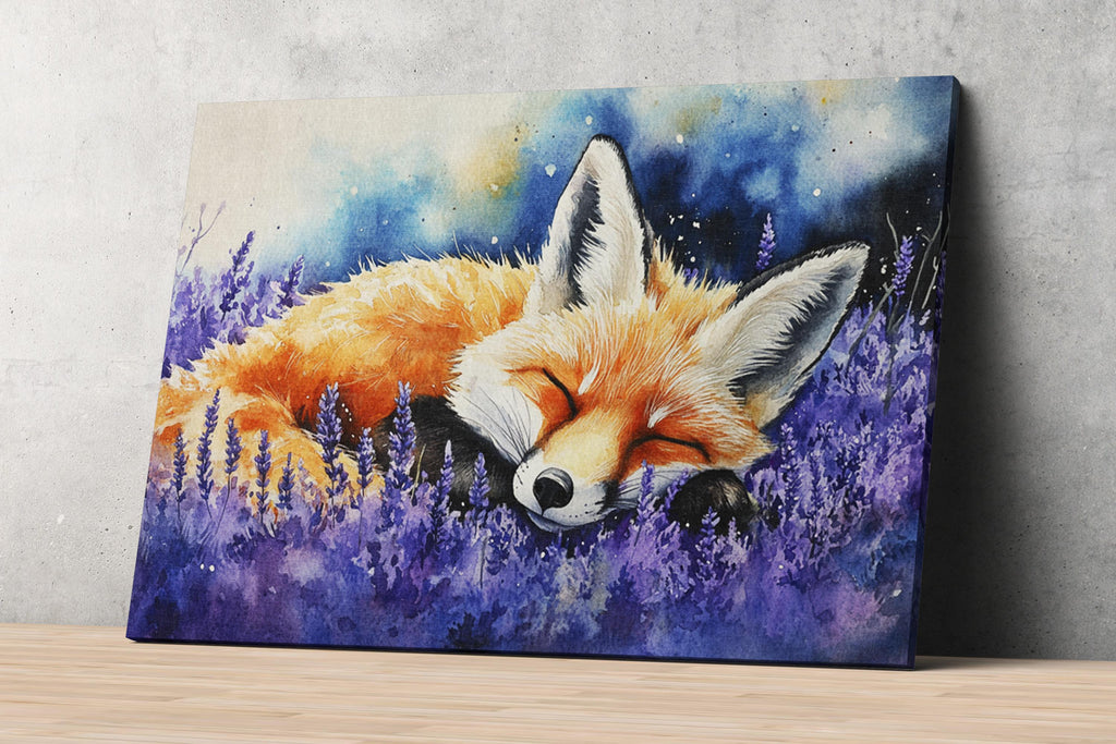 A painting of a sleeping fox in a field of purple flowers.